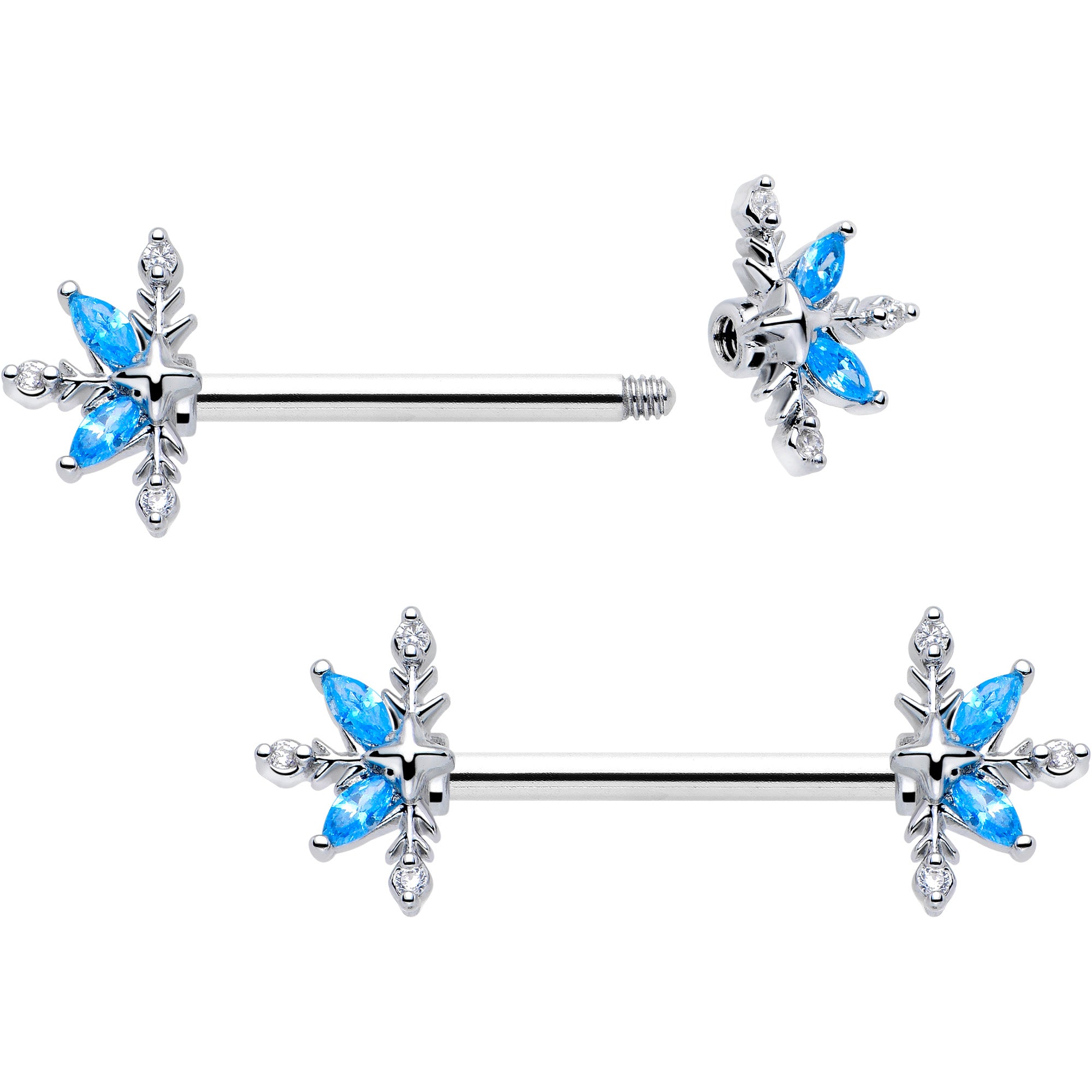 9/16 Blue CZ Classic Flower Nipple Ring Set 14 Gauge