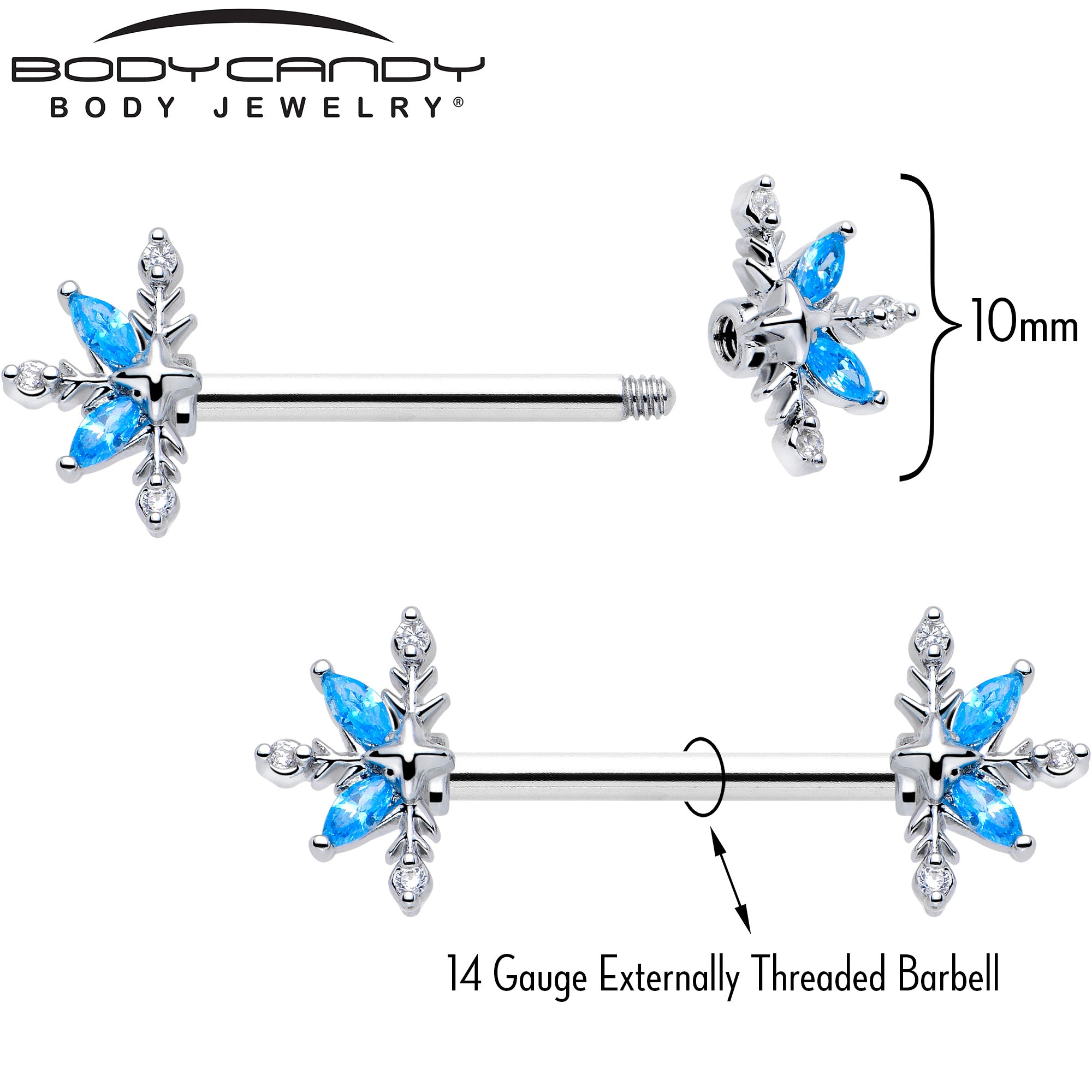 Blue CZ Gem Flower Barbell Nipple Ring 14 Gauge 9/16