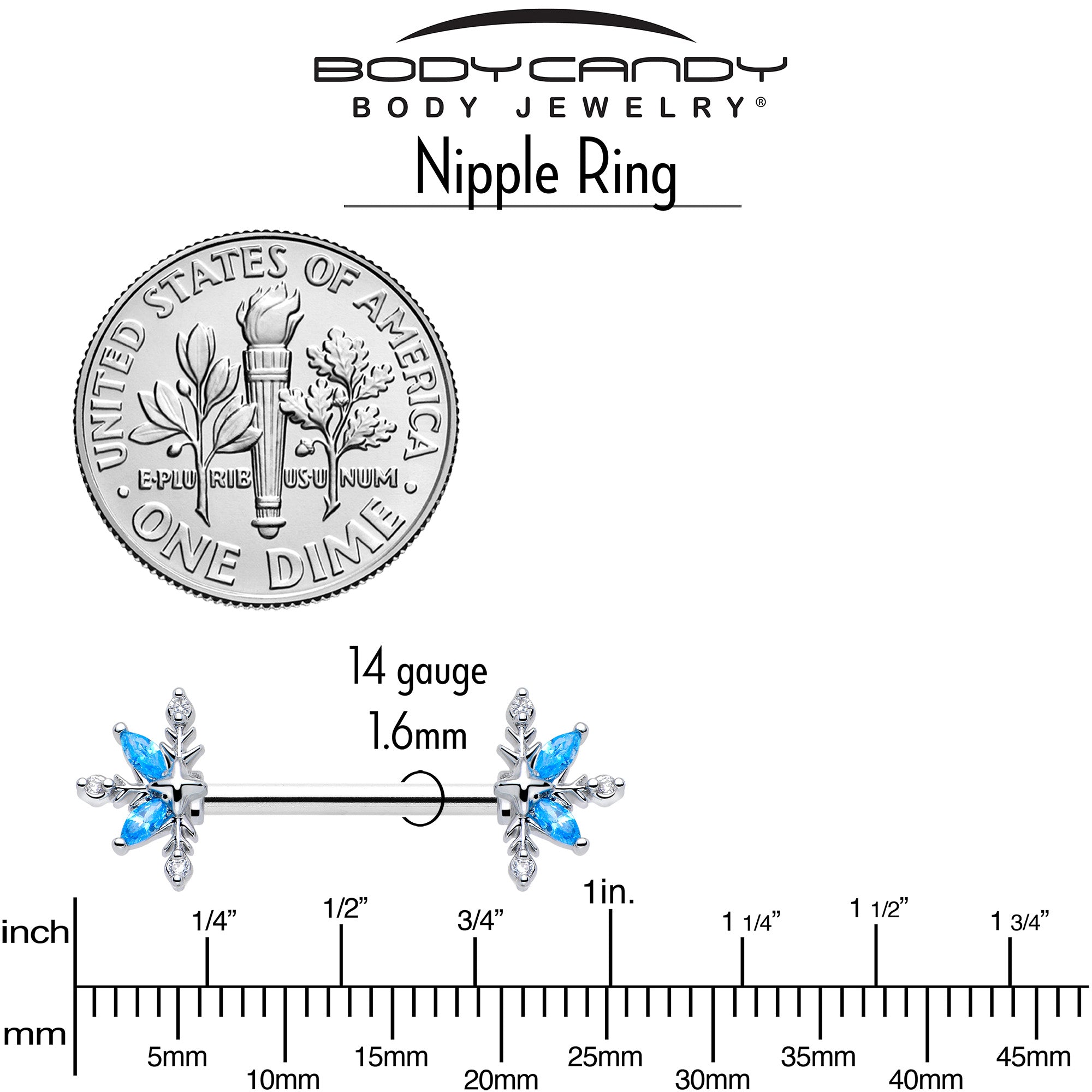 14 Gauge Blue CZ Flower Design Nipple Rings Set 9/16