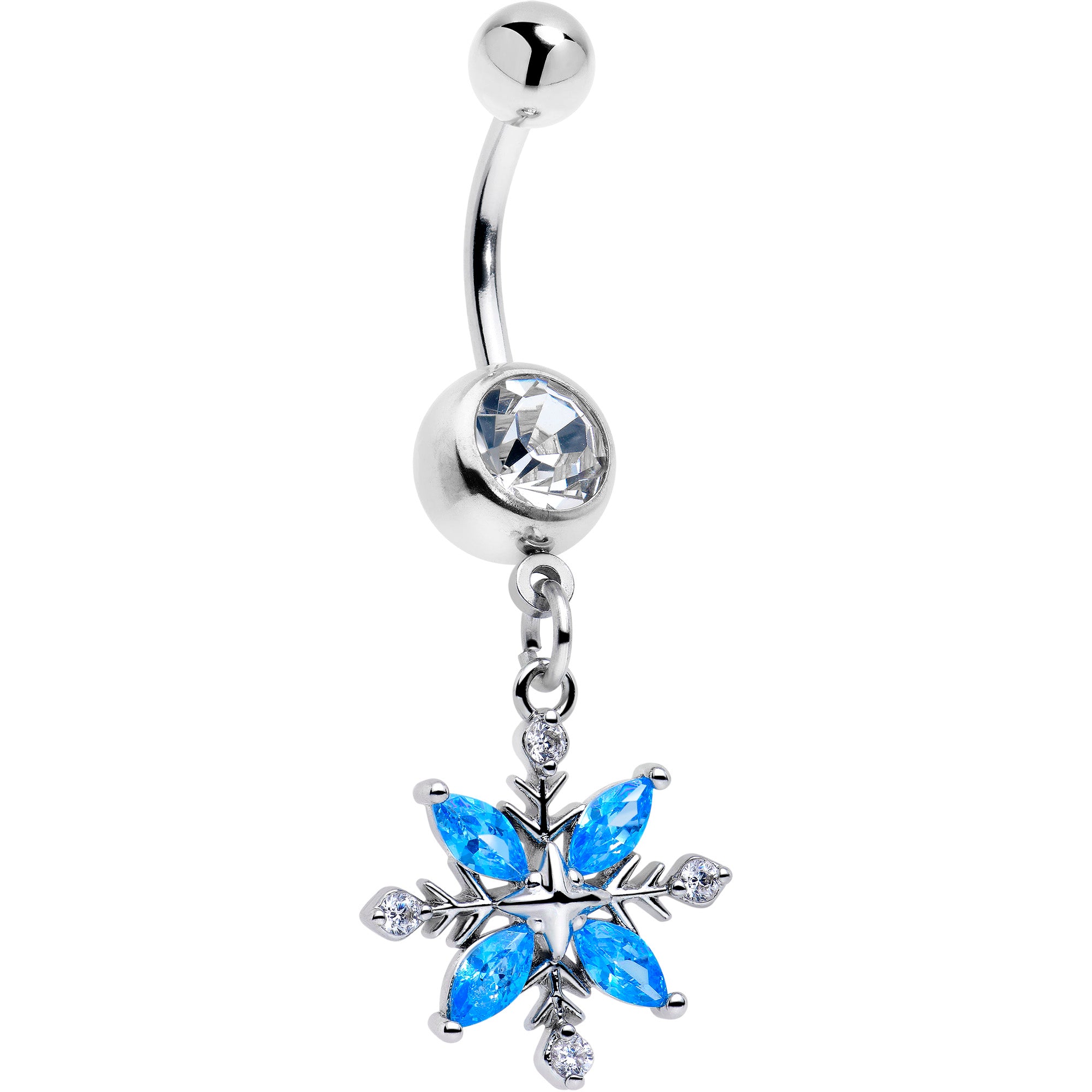 Clear Blue CZ Gem Flower Dangle Belly Ring