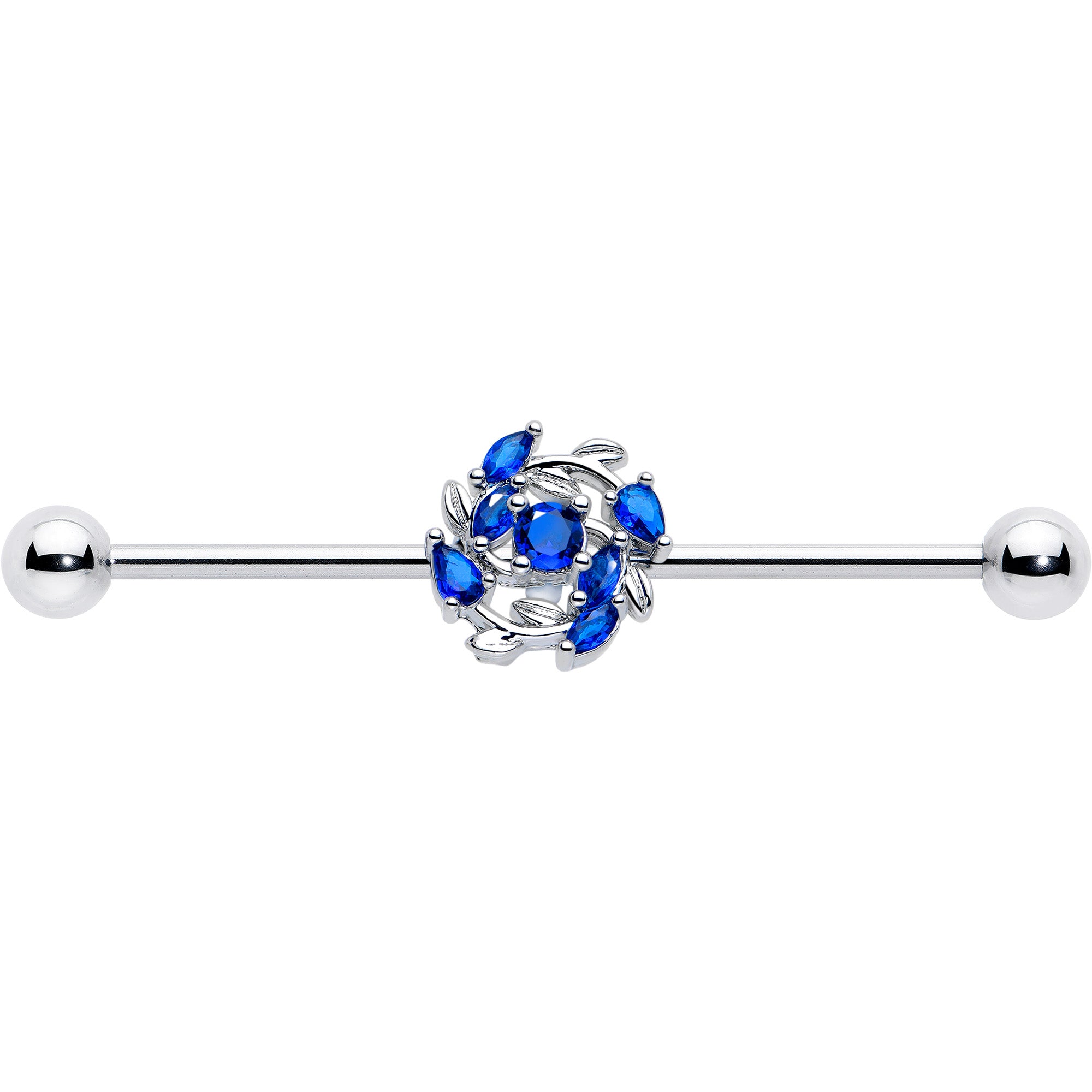 14 Gauge Industrial Barbell with Blue Gem and Twining Vine