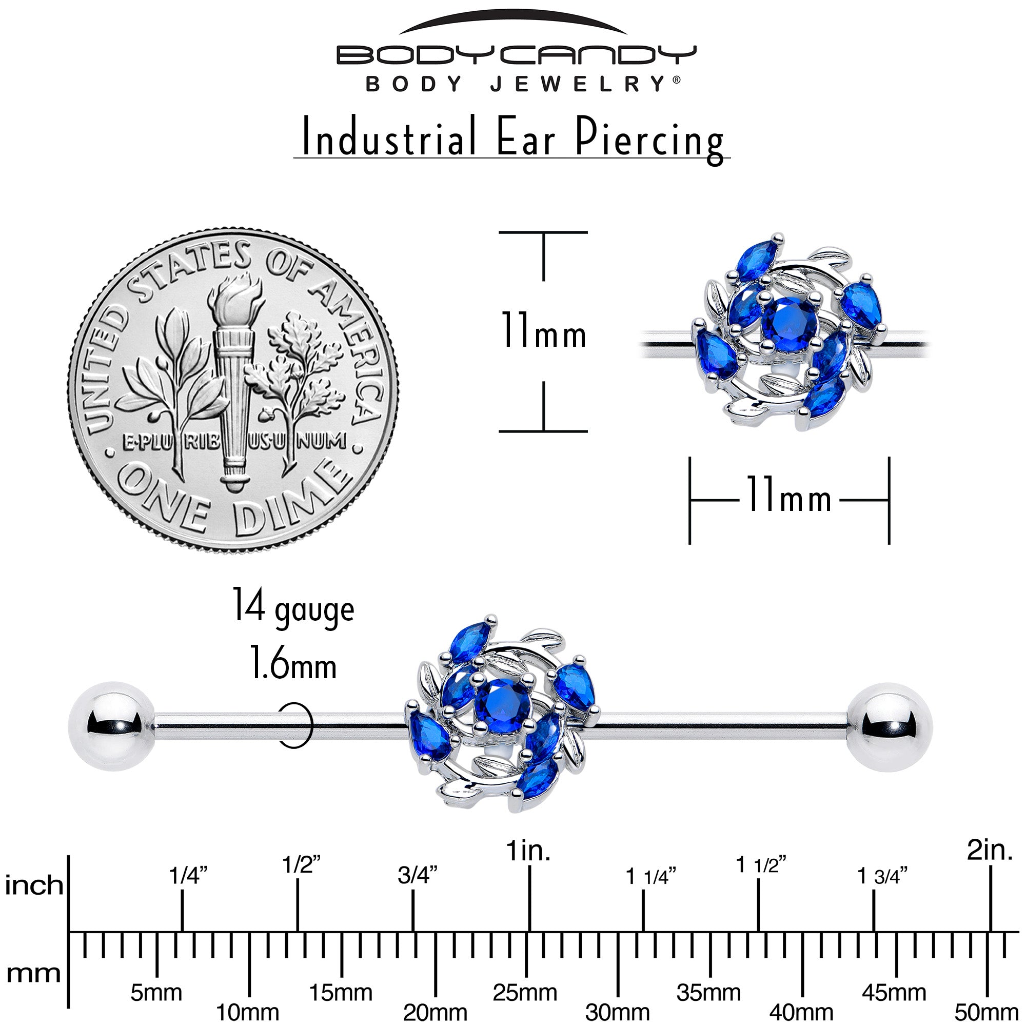 38mm Blue Gem Twining Vine 14 Gauge Industrial Barbell