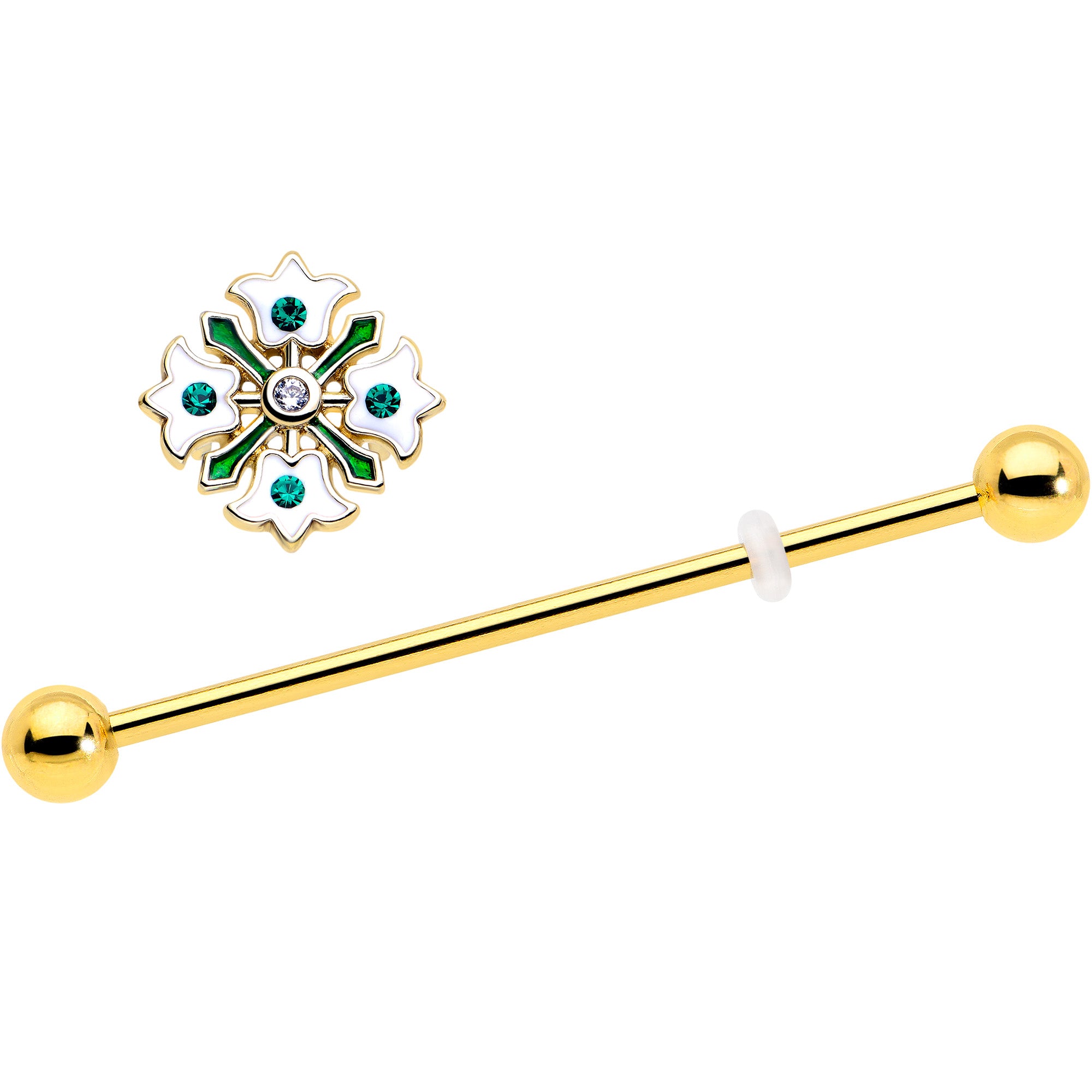 Green Gem Gold Tone Flower Wreath Barbell