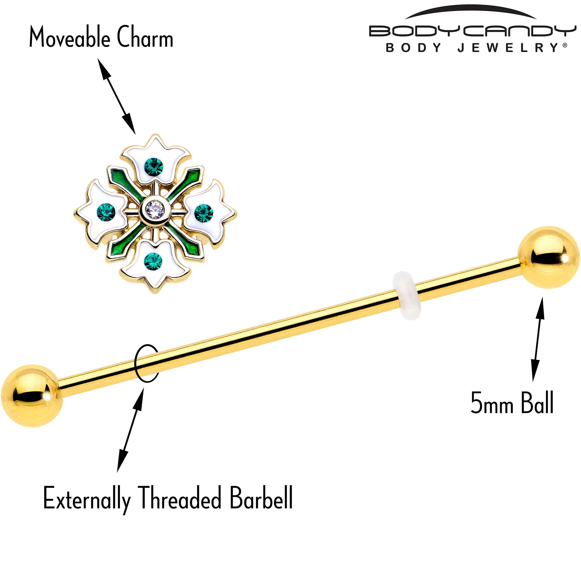 Gold Tone Industrial Barbell with Green Gem