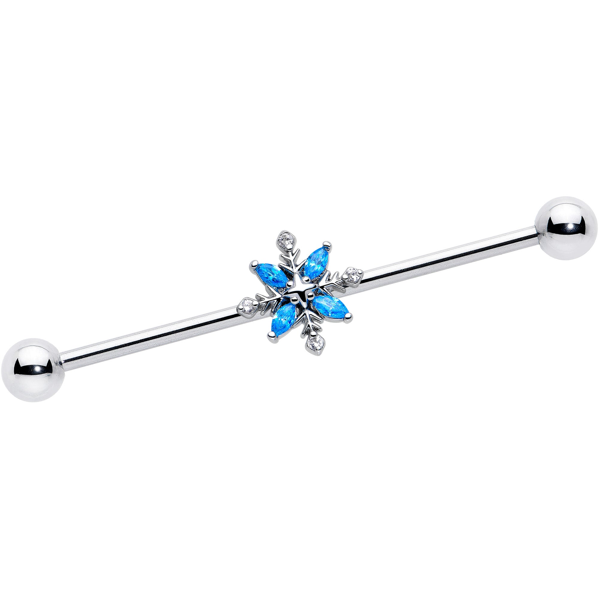 14 Gauge Blue CZ Gem Flower Industrial Barbell