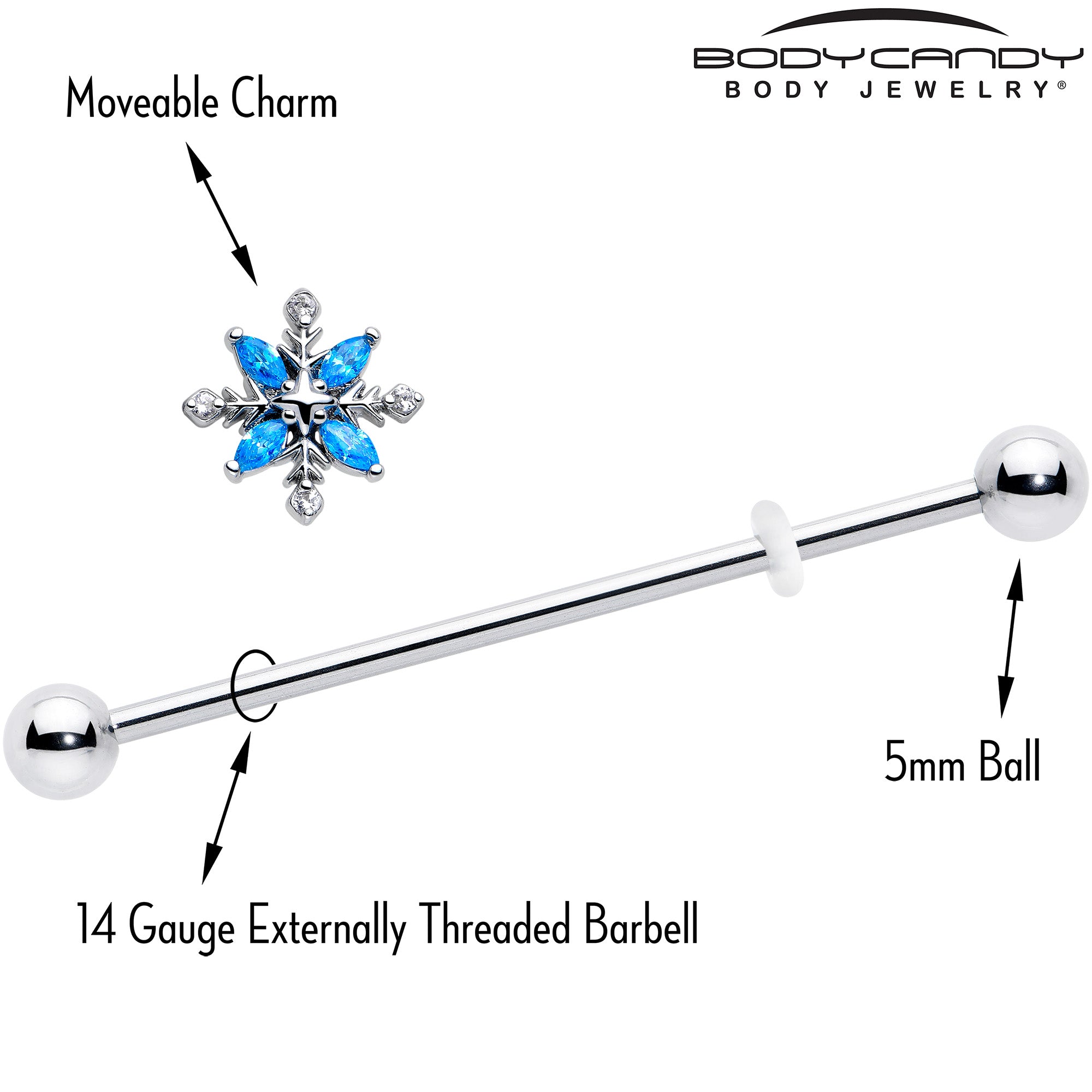 Classic Flower Design Blue CZ Gem Industrial Barbell