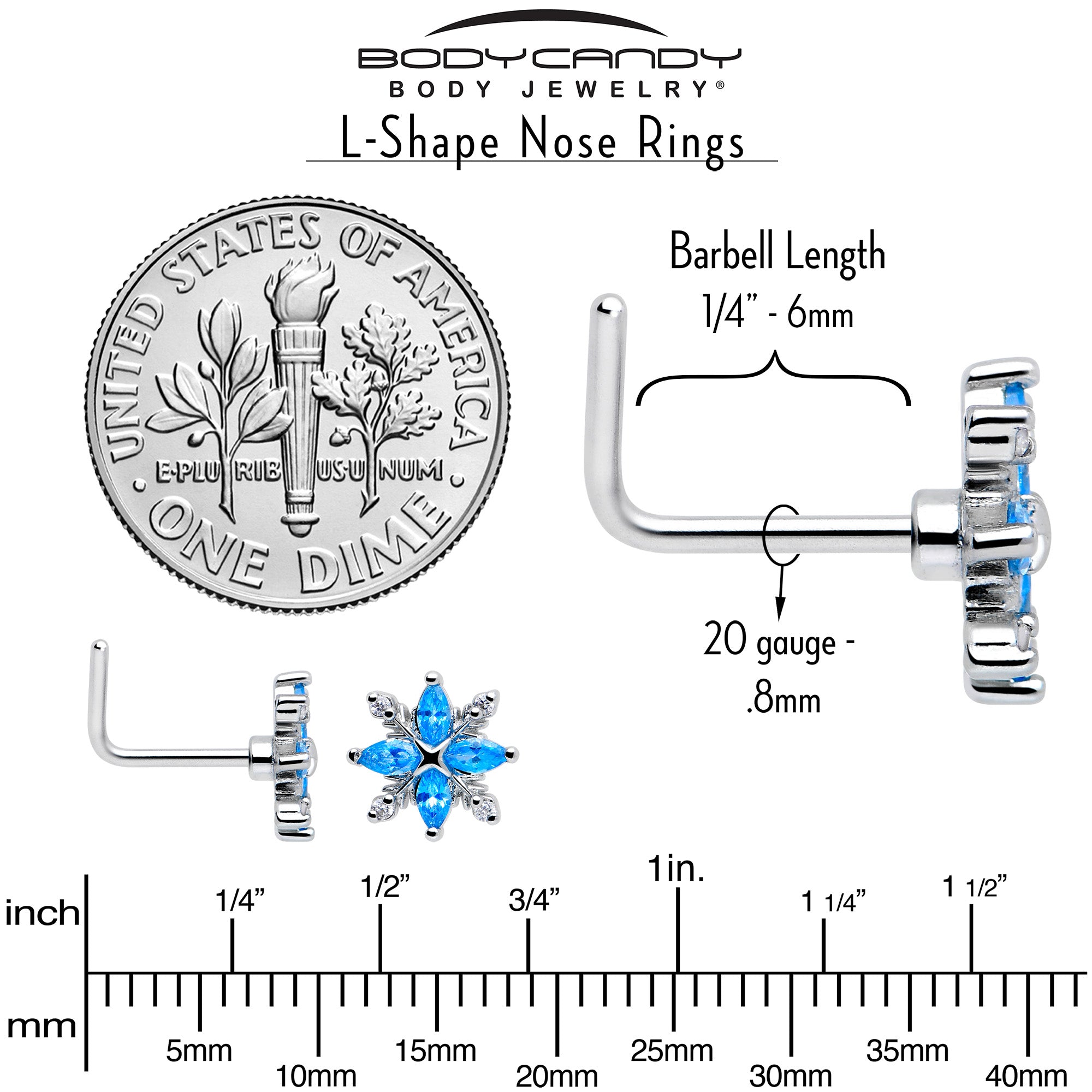 20 Gauge 7mm Blue CZ Flower Nose Jewelry