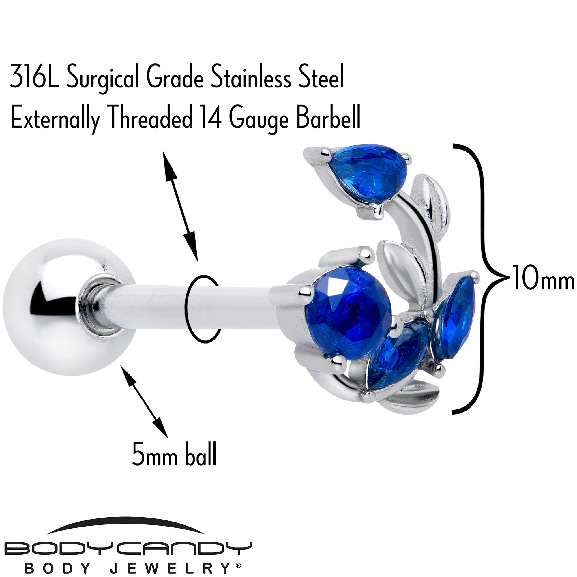 Twining Vine Barbell Tongue Ring with Blue Gem