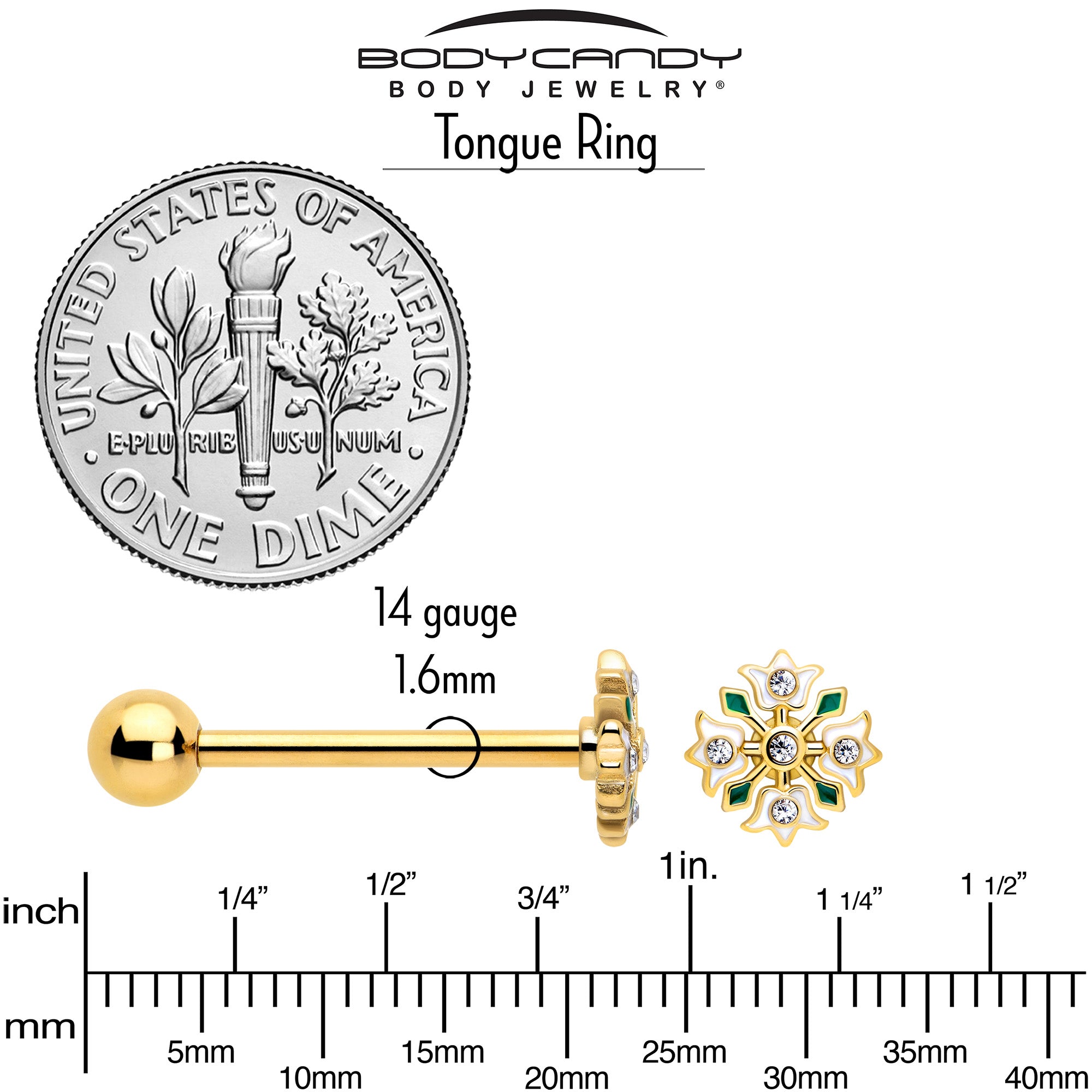 Clear Gem Gold Flower Wreath Barbell for Tongue Piercing