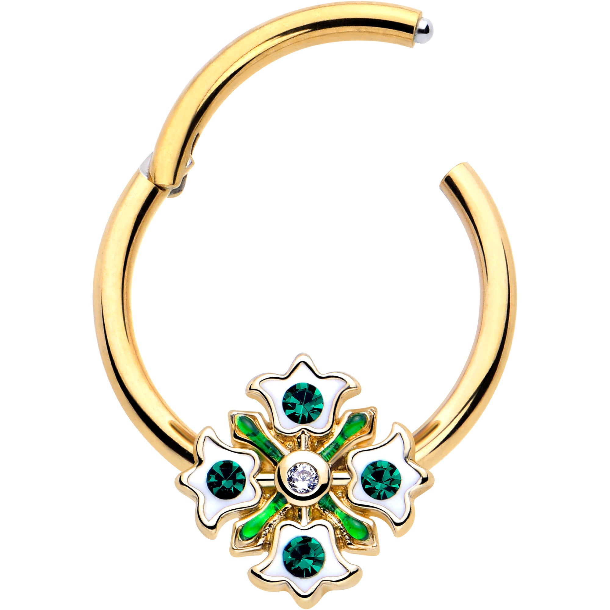 16 Gauge Green Gem Hinged Segment Ring Gold Tone