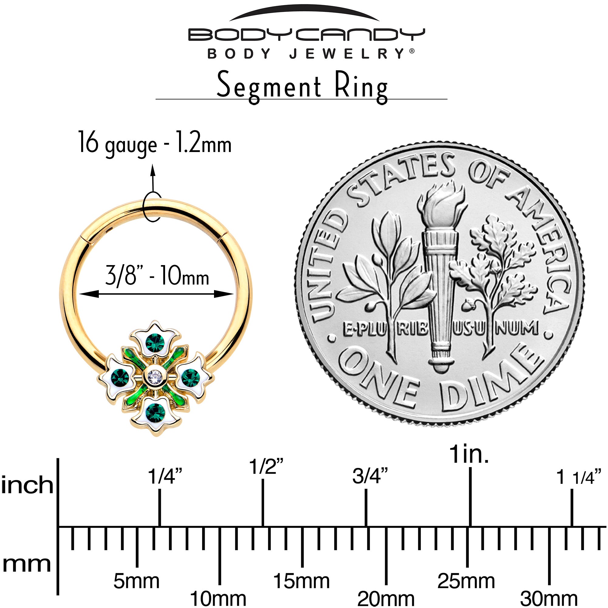 16 Gauge Green Gem Gold Tone Hinged Segment Ring