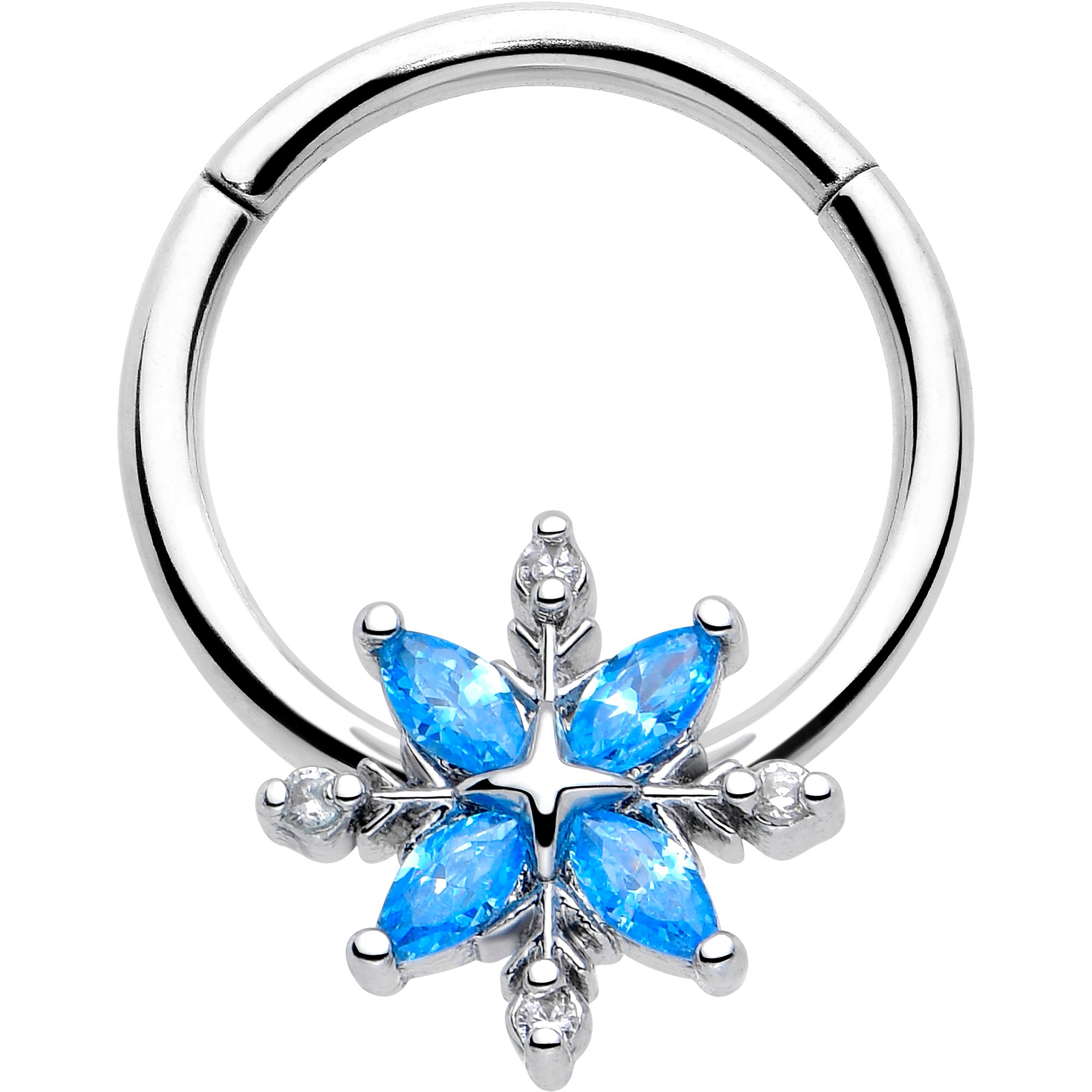 16 Gauge Blue CZ Gem Flower Hinged Segment Ring