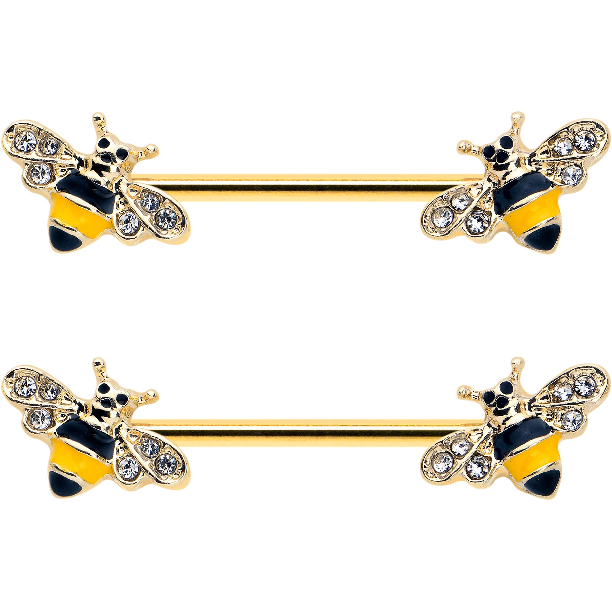 14G 3/4 Clear CZ Gem Gold Tone Bee Luv Barbell Nipple Ring Set