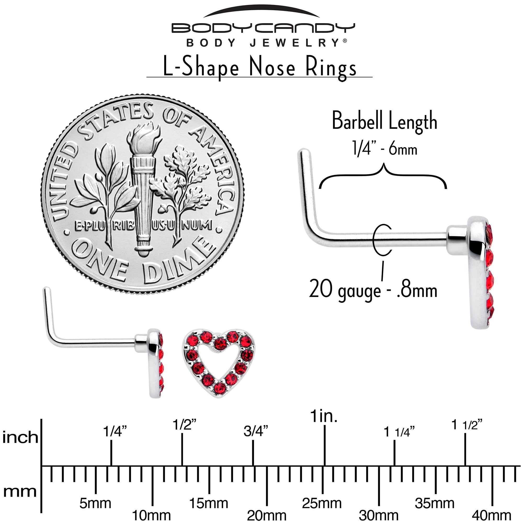 L shape nose ring with 7mm red gem