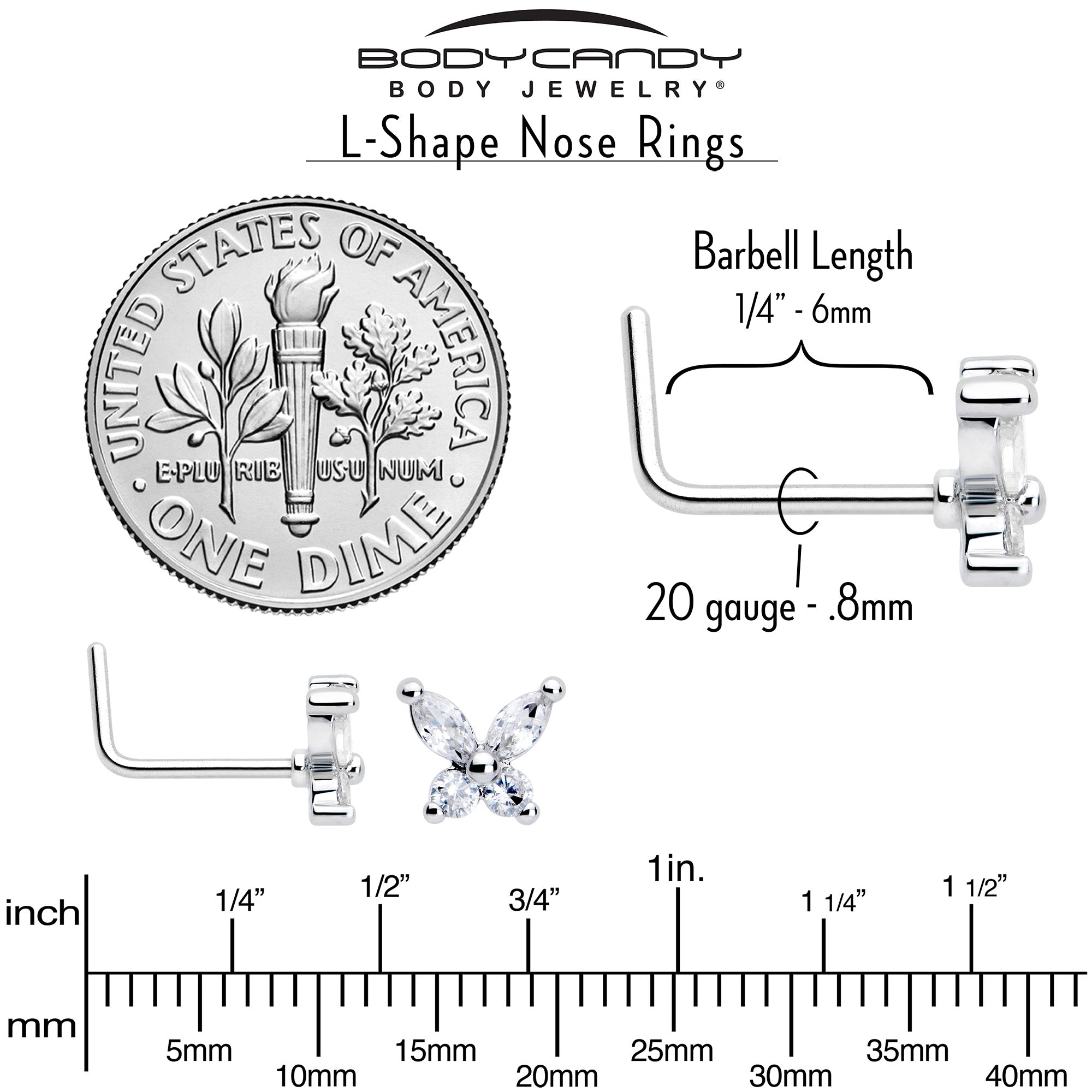 CZ gem butterfly L shape nose piercing