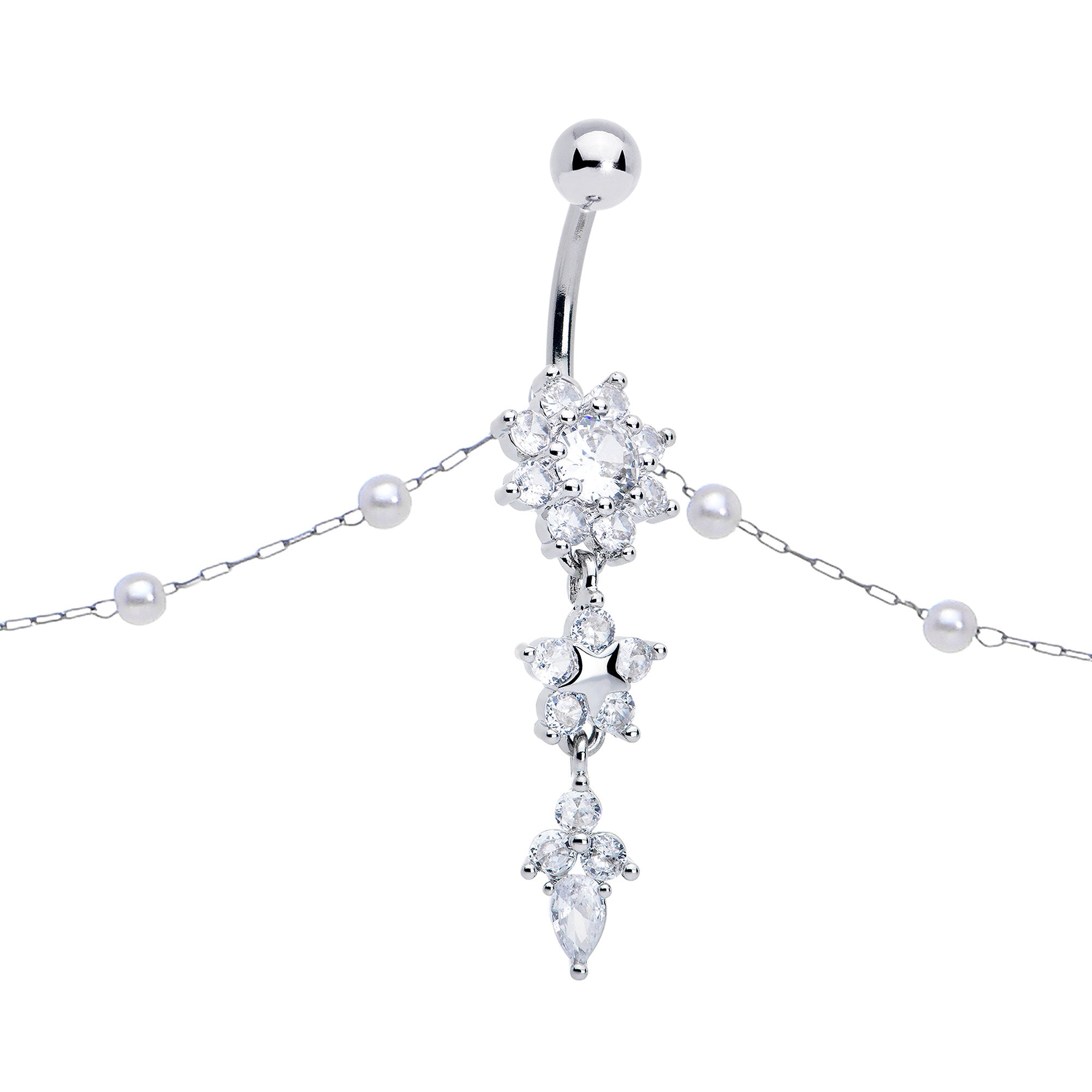 Clear CZ Gem Glamour Flower Faux Pearl Dangle Belly Ring Belly Chain