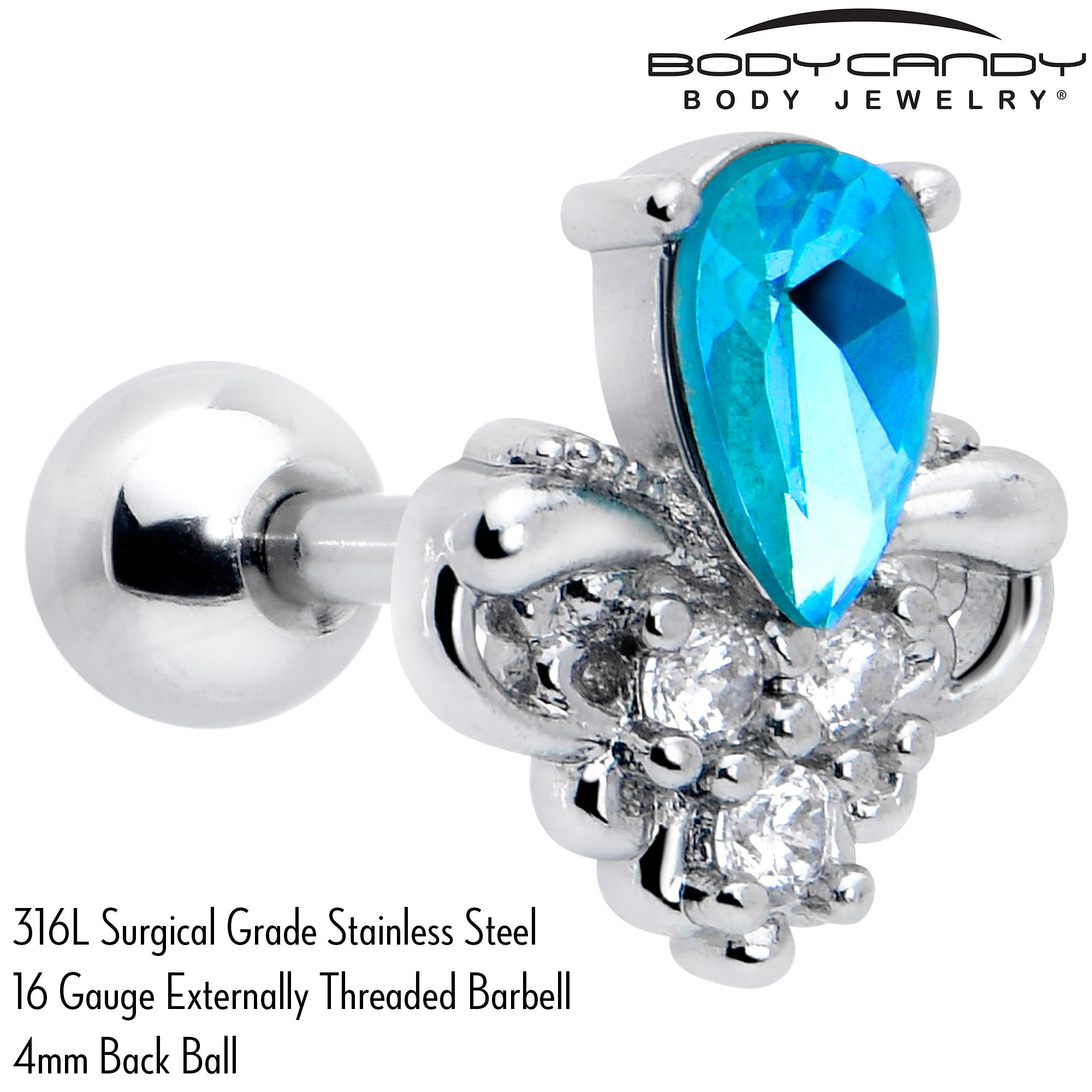 Blue gem cartilage earring 16 gauge 1/4 for tragus piercing