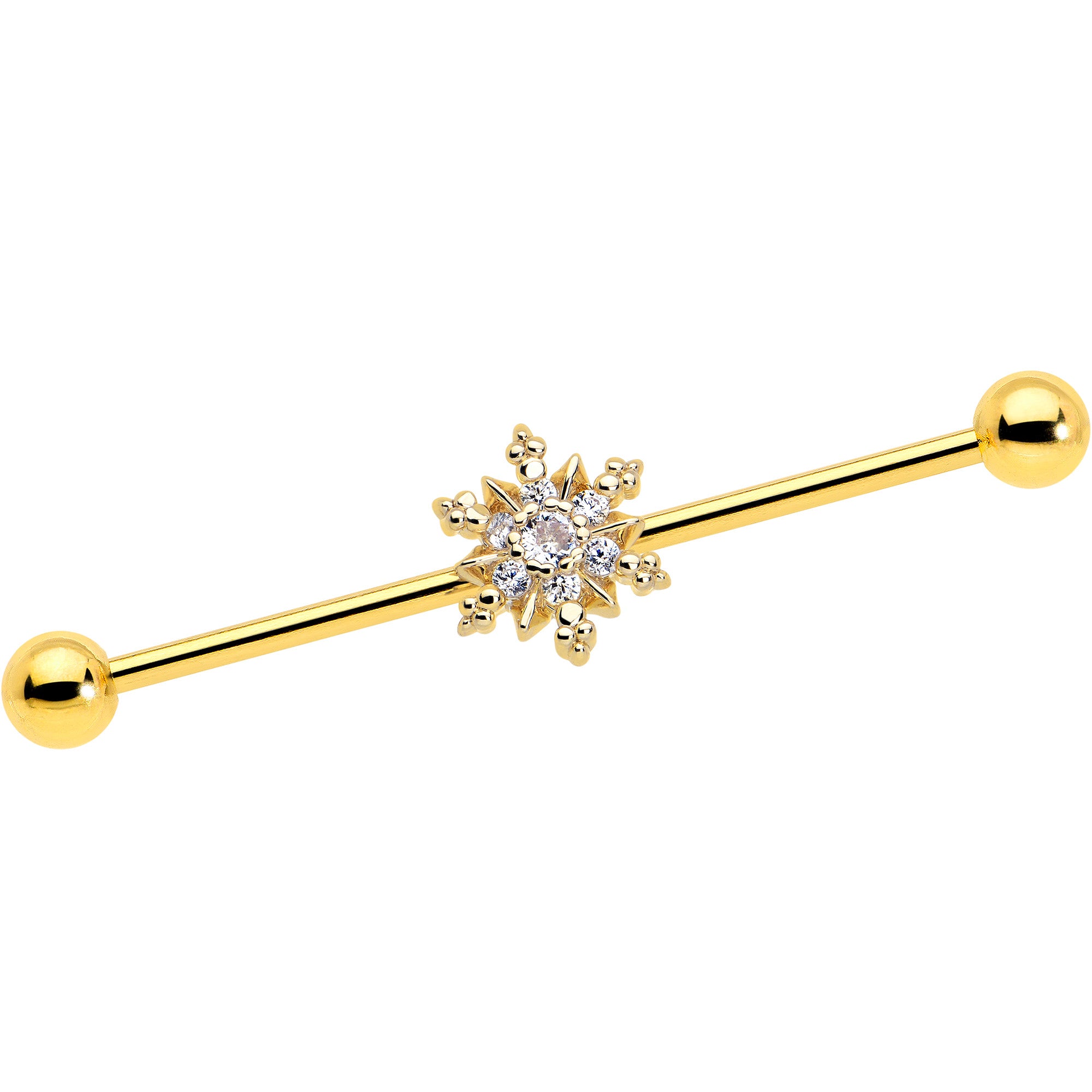 14G Clear CZ Gem Gold Tone Glam Snowflake Industrial Barbell 38mm