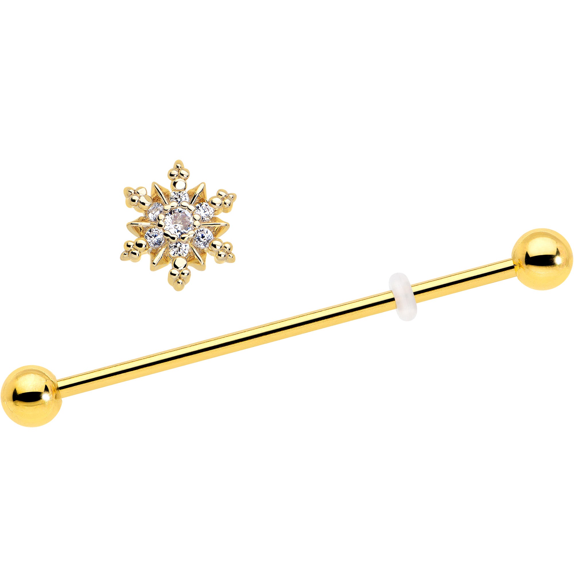 14 gauge clear CZ gem gold tone snowflake industrial barbell