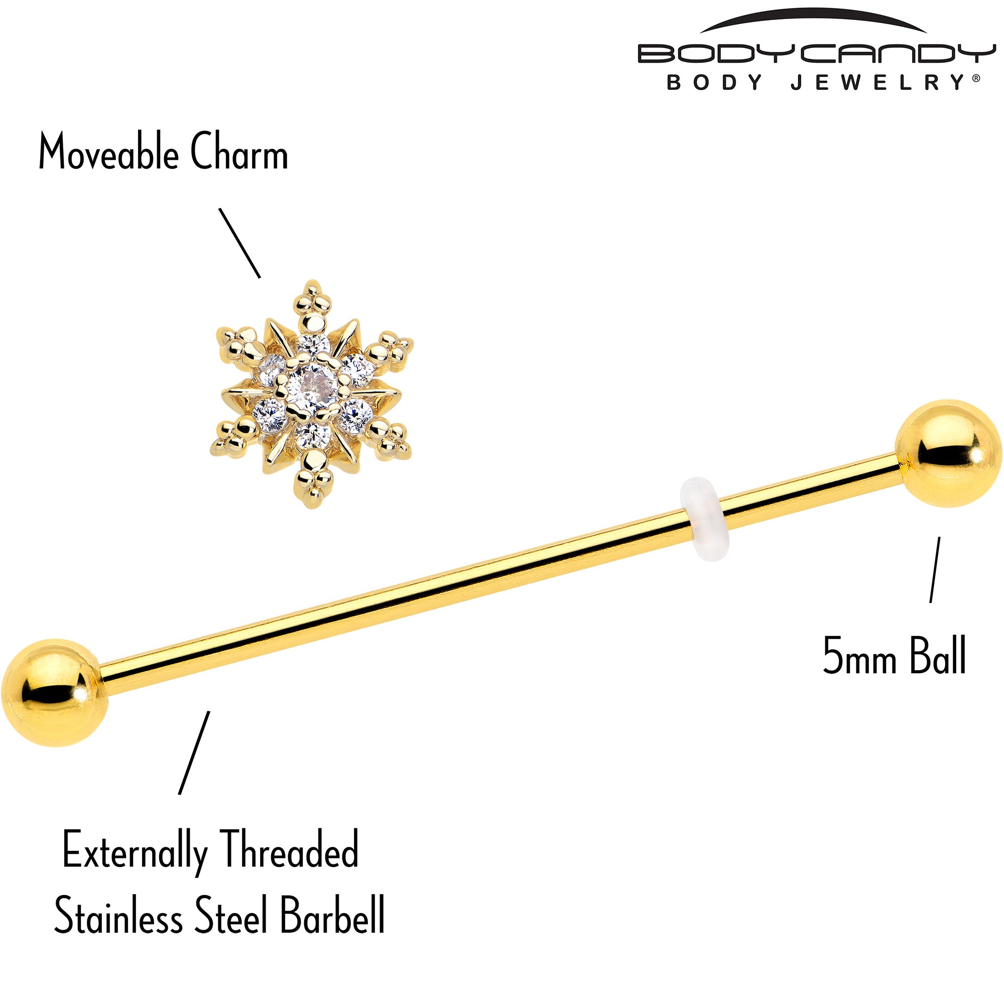 Glam snowflake industrial barbell 14 gauge with clear CZ gem