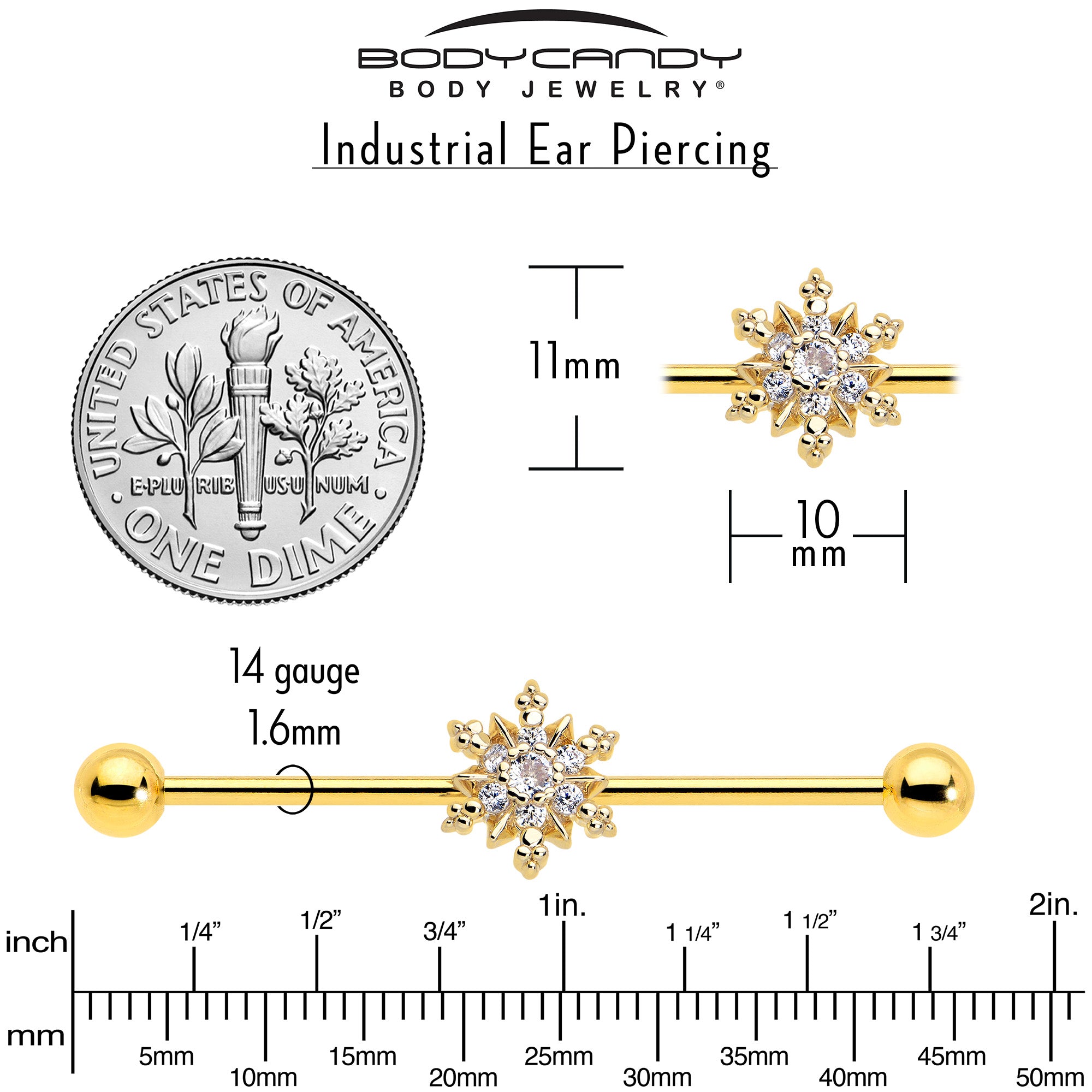 14 gauge industrial barbell gold tone with snowflake design and CZ gem