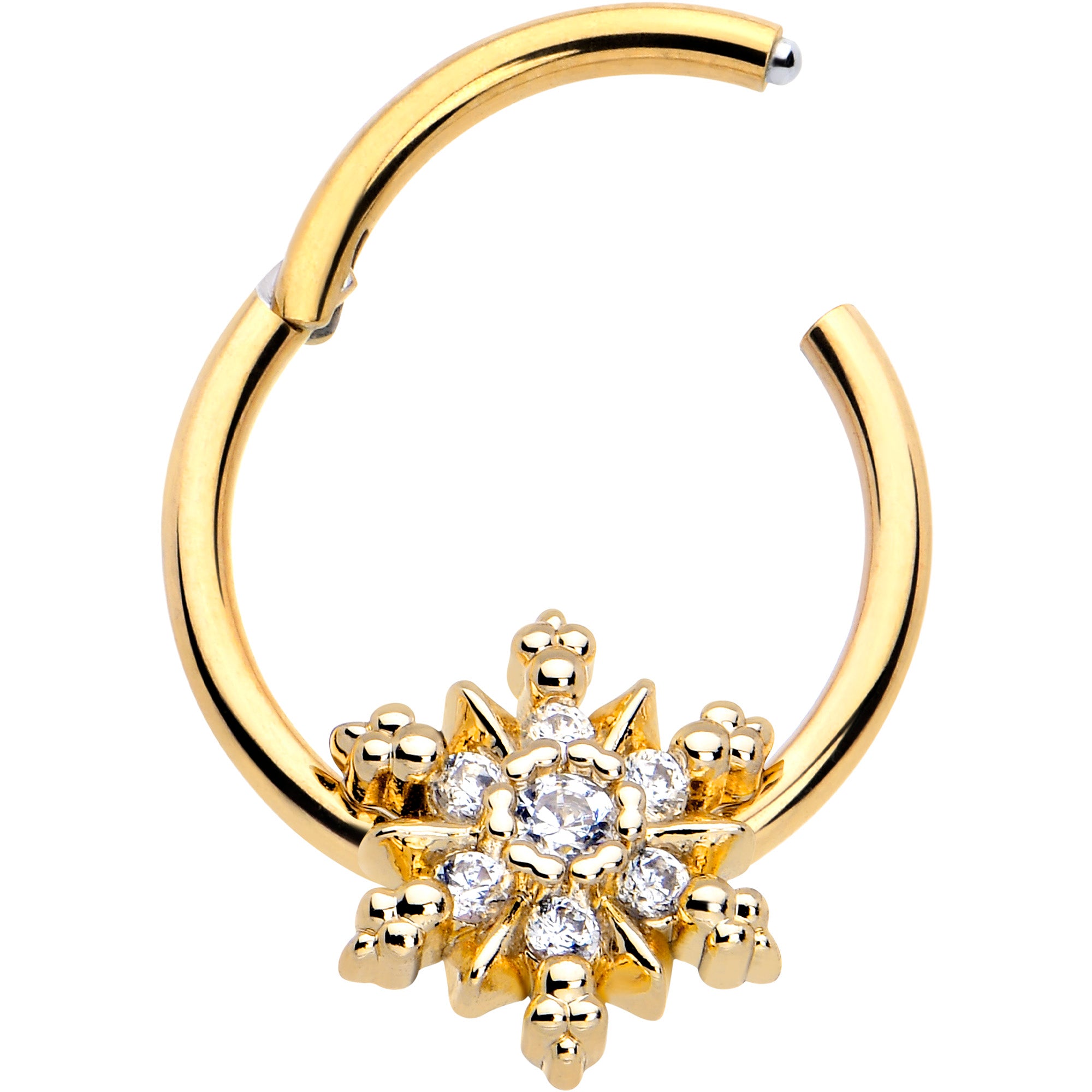 Gold-tone snowflake hinged segment ring with clear CZ gem