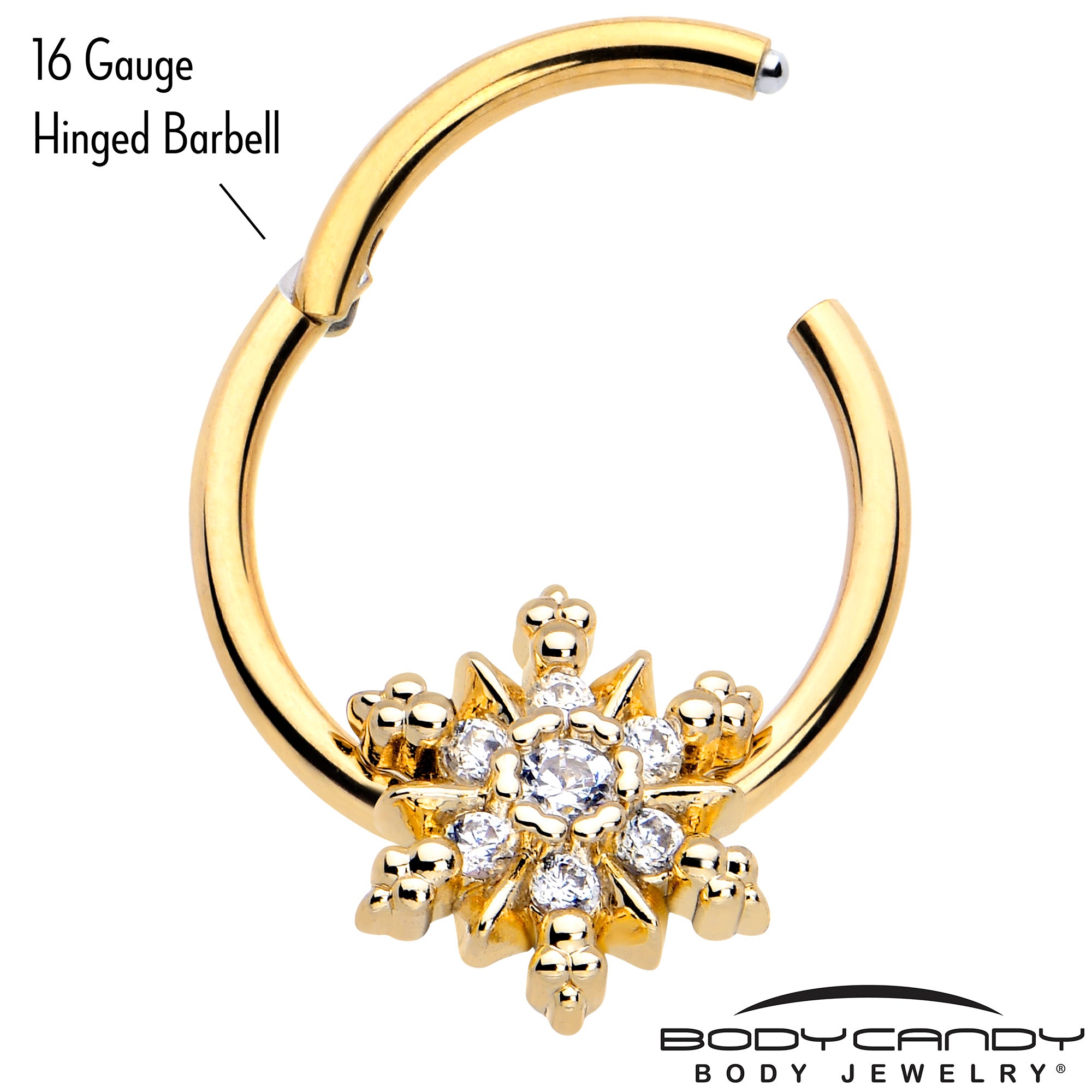 16 gauge gold-tone snowflake ring with clear CZ gemstone