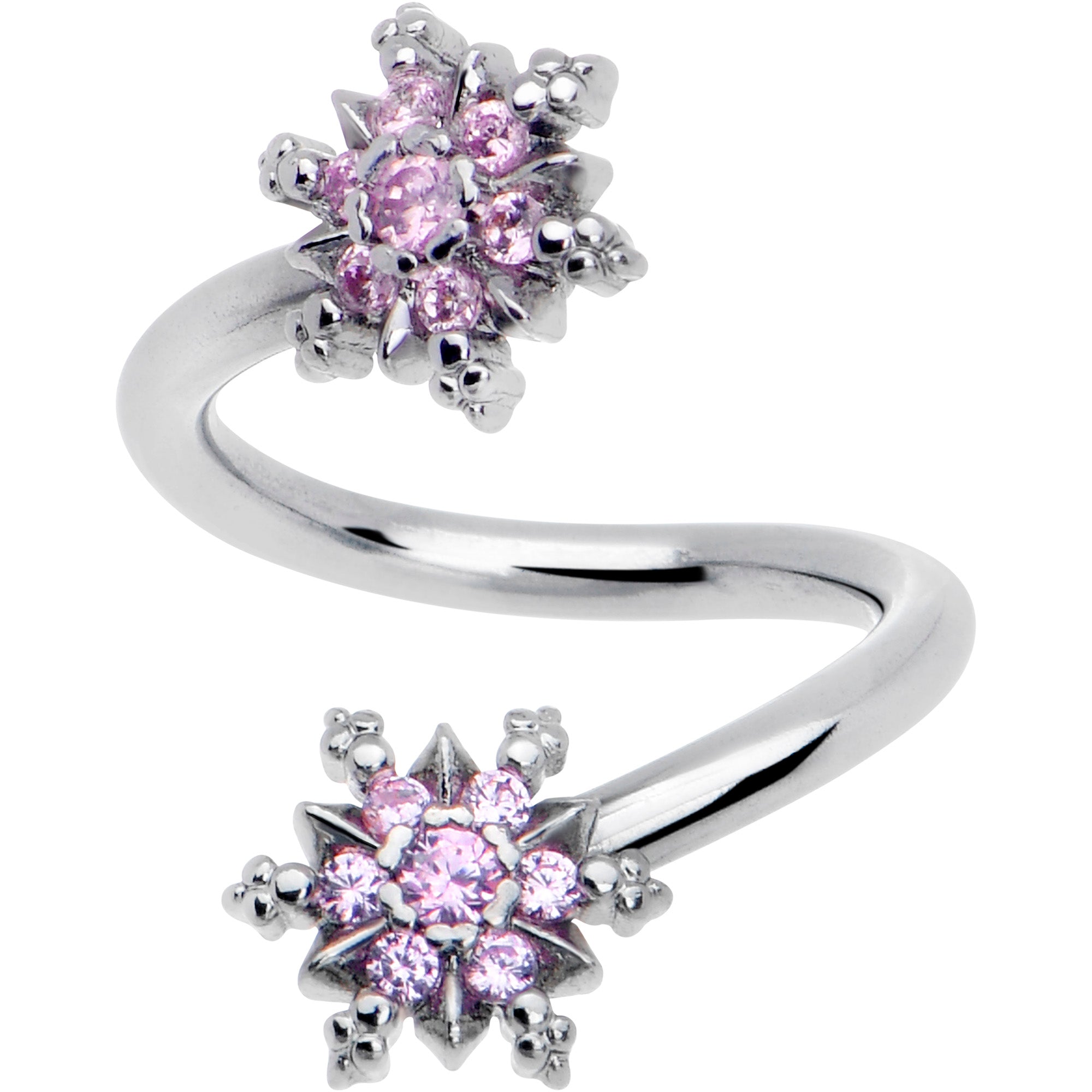 Pink CZ snowflake spiral belly ring with twist design