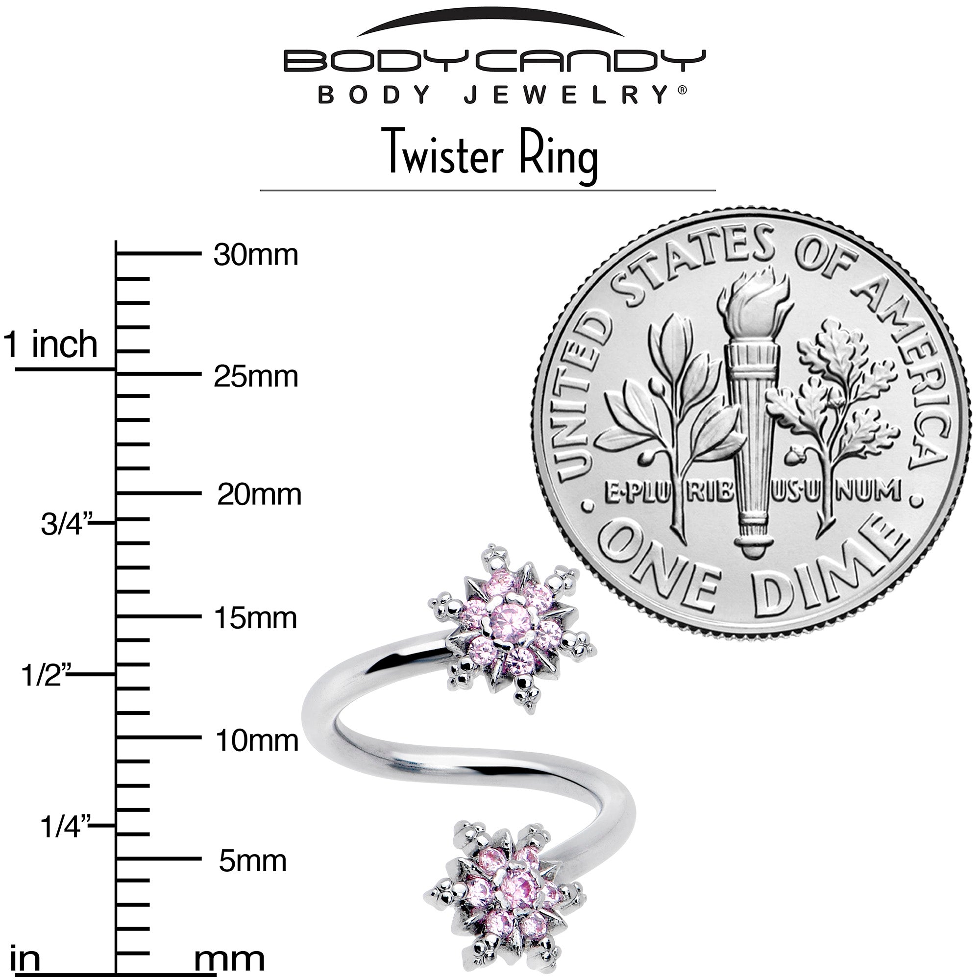 Hypoallergenic spiral belly ring with pink CZ gem and snowflake design