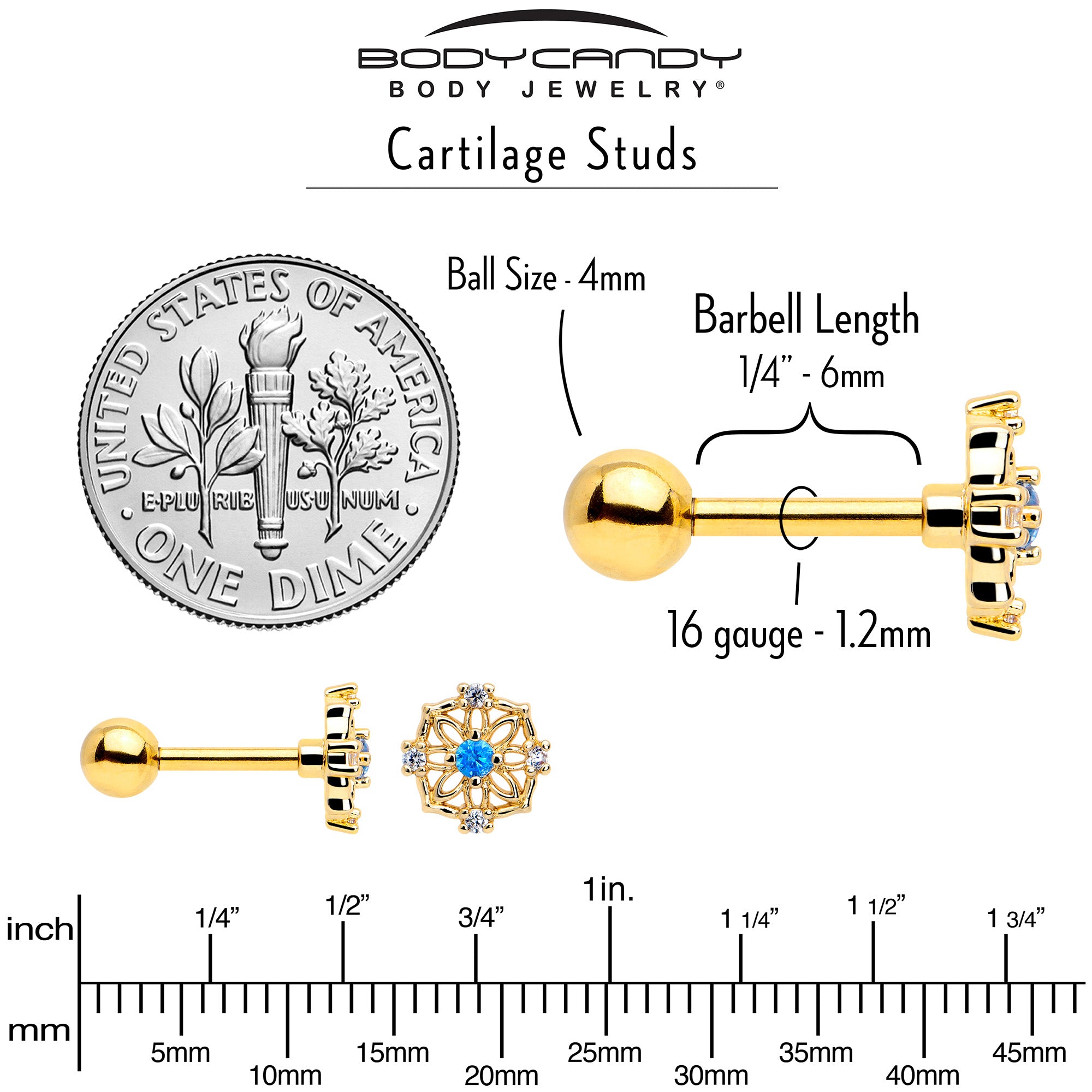 16 gauge tragus earring blue CZ flower design