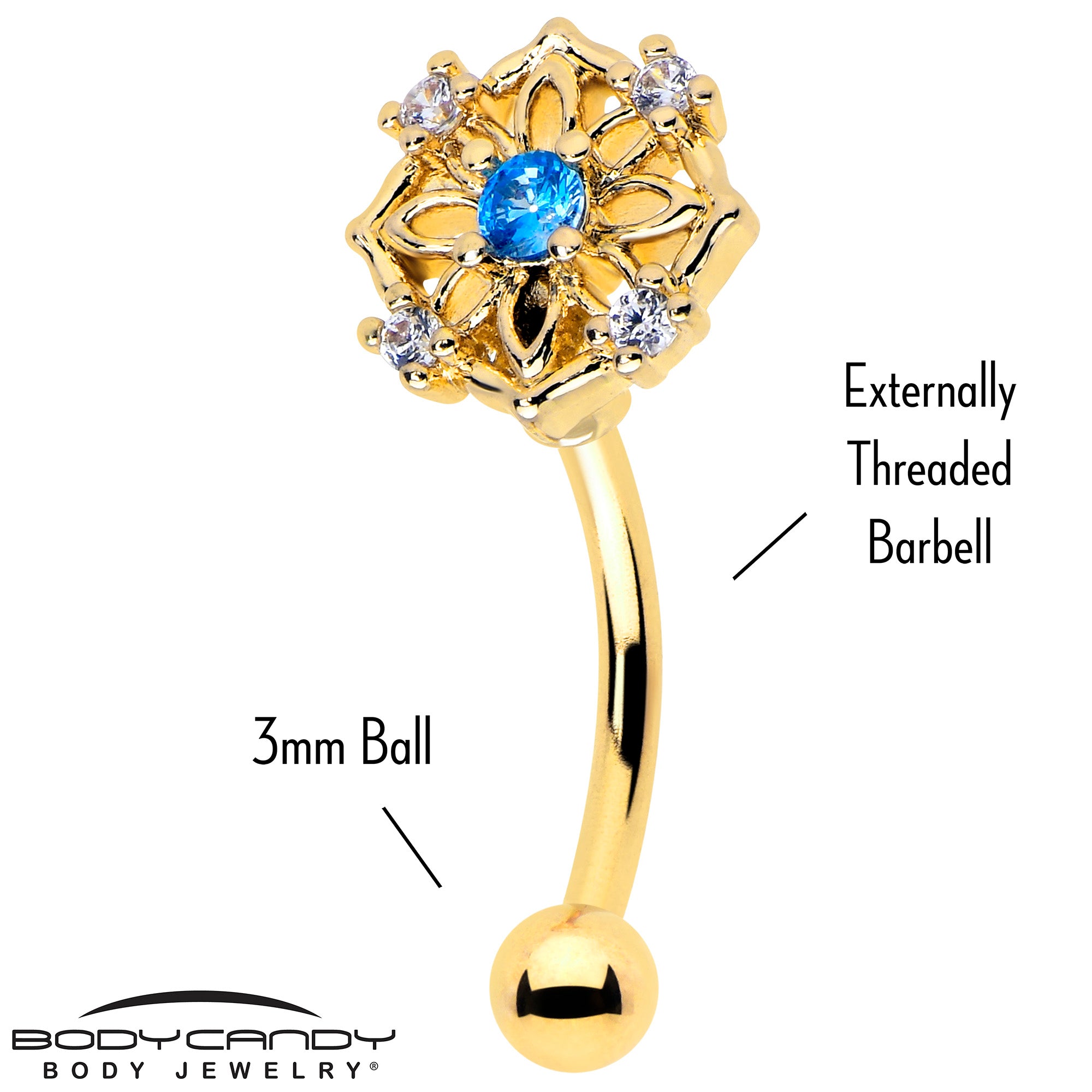 16 gauge curved eyebrow ring with blue CZ gem