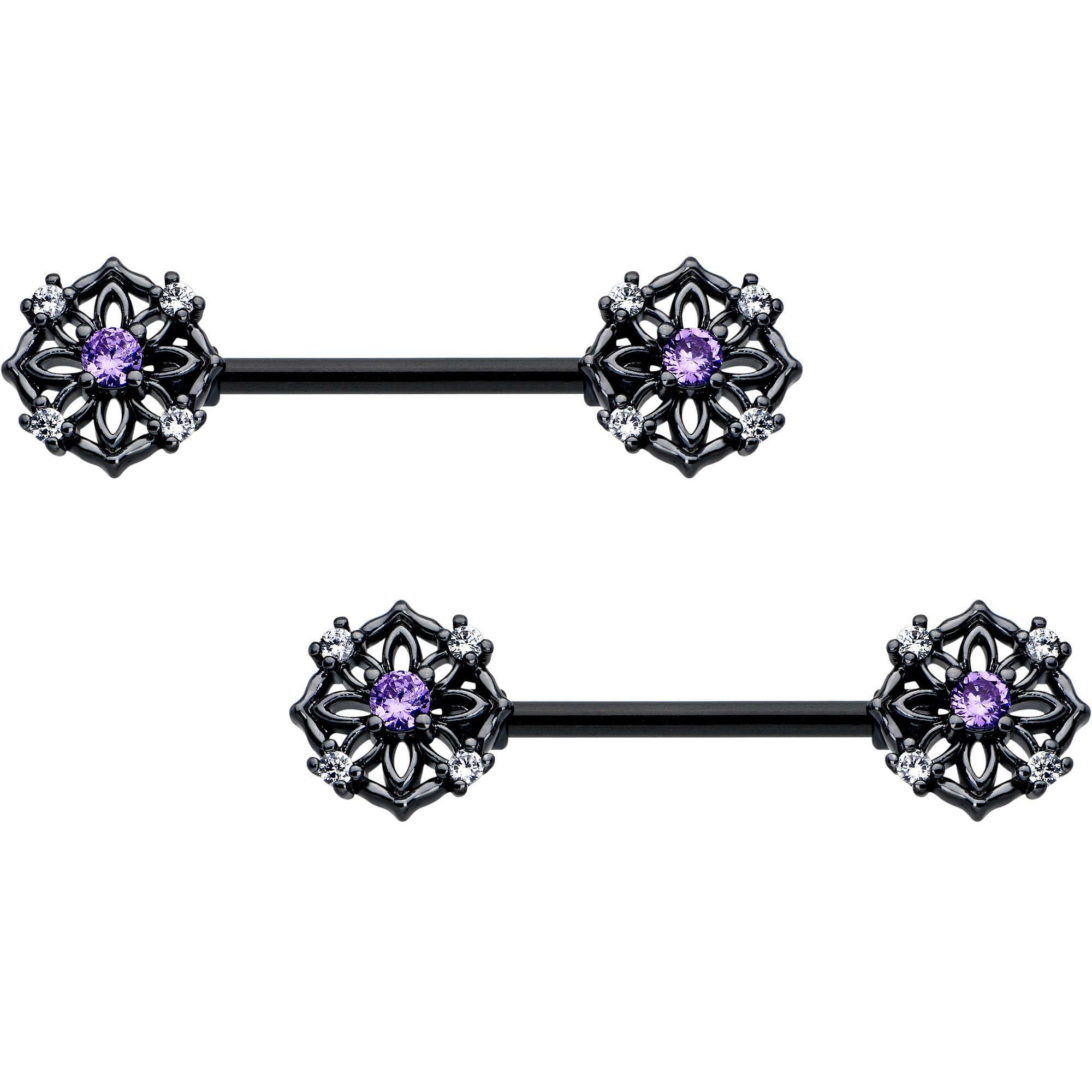 14G 9/16 Purple CZ Gem Black Flower Ring Barbell Nipple Ring Set