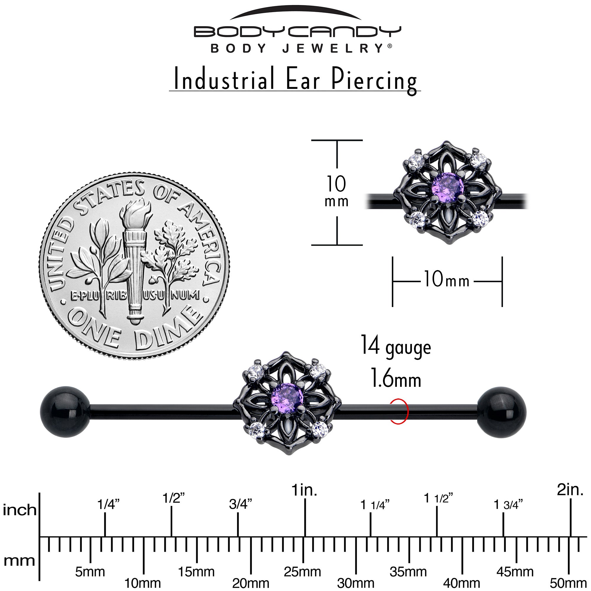 38mm purple cz industrial barbell with floral design