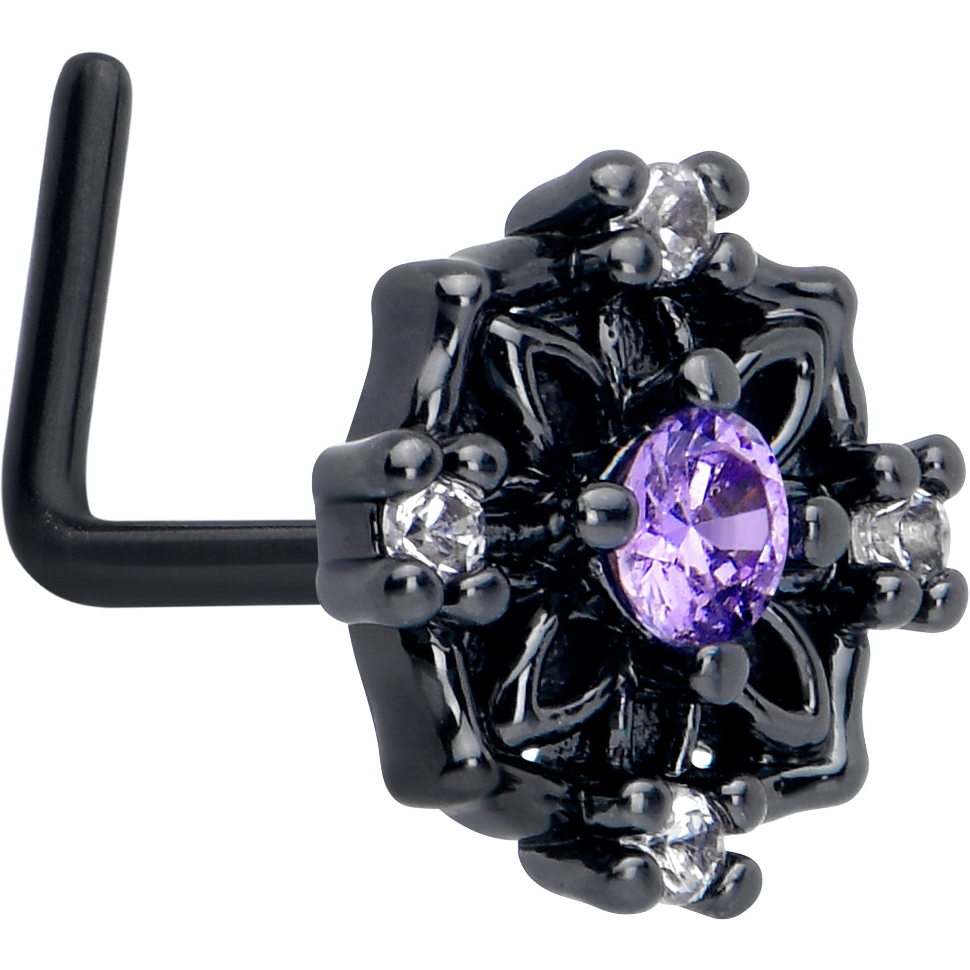 20G 7mm Purple CZ Gem Black Flower Ring L Shape Nose Ring