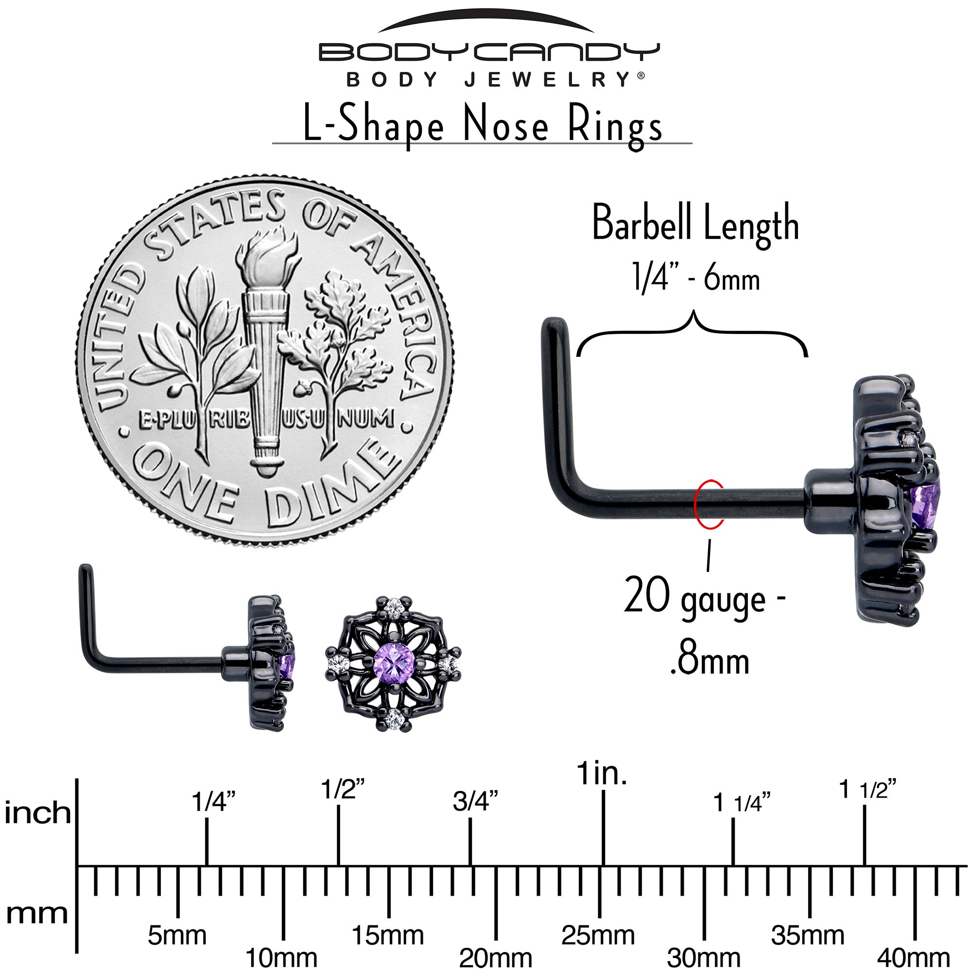 20 gauge black flower nose ring with gem