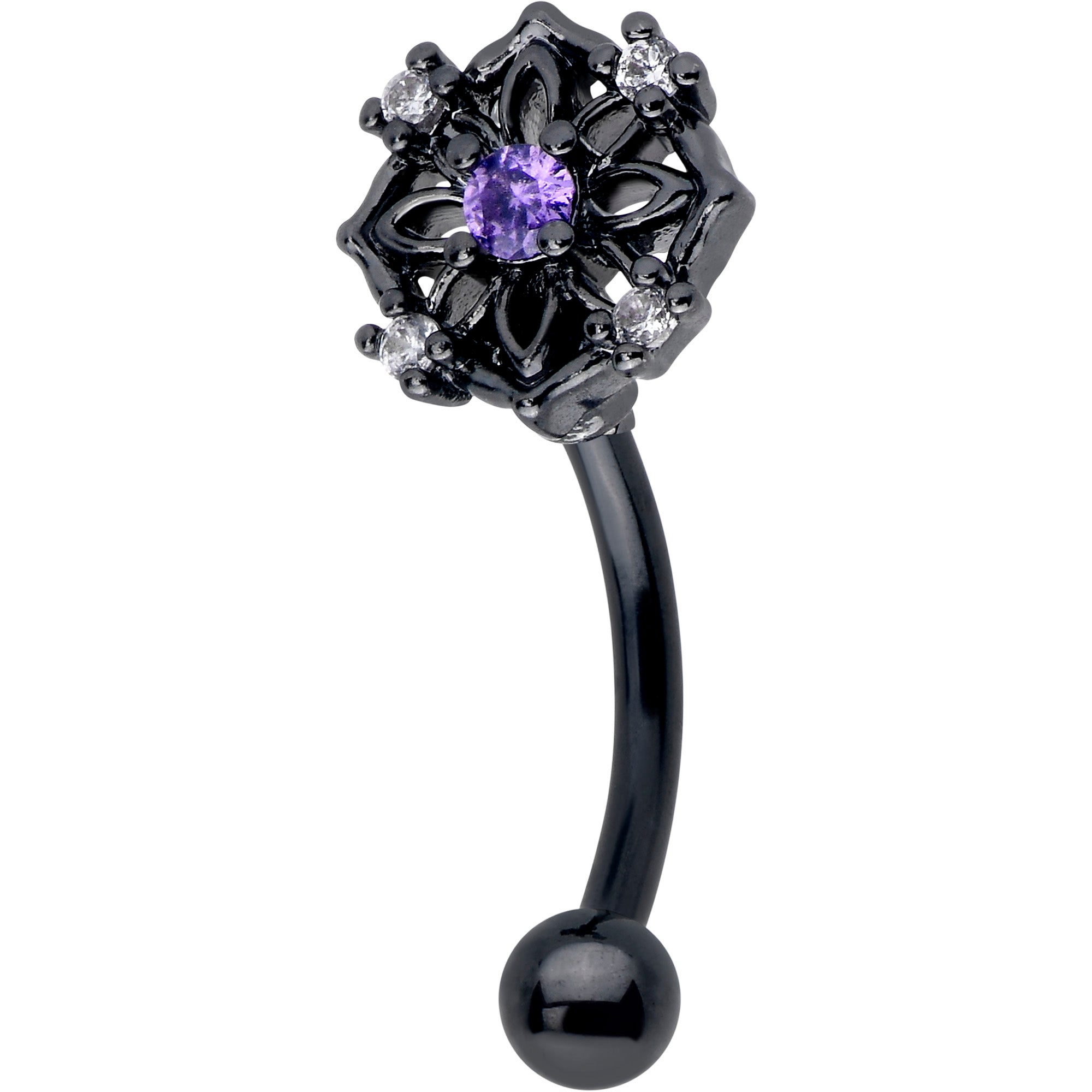 16G 5/16 Purple CZ Gem Black Flower Ring Curved Eyebrow Ring