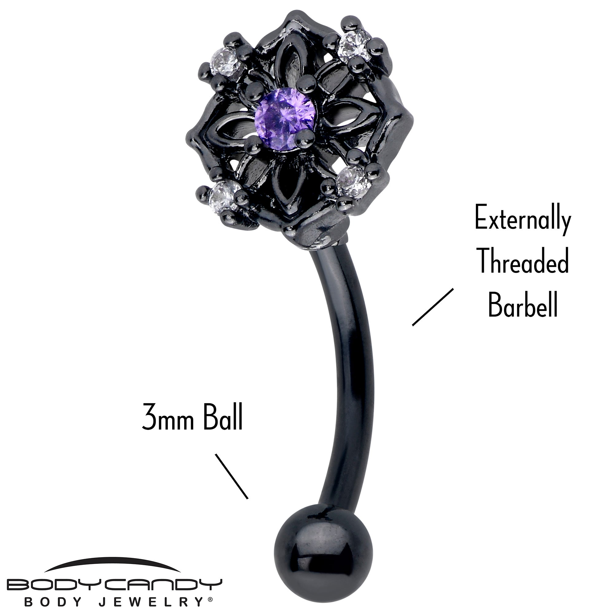16 gauge purple CZ gem black flower curved eyebrow ring