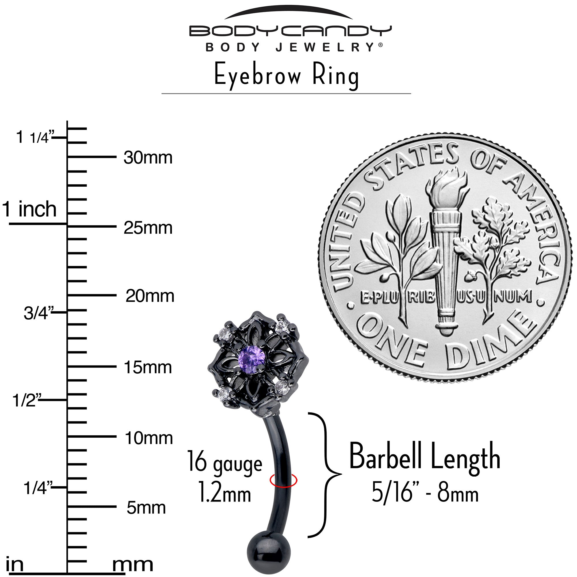 5/16 inch black flower eyebrow ring with purple crystals