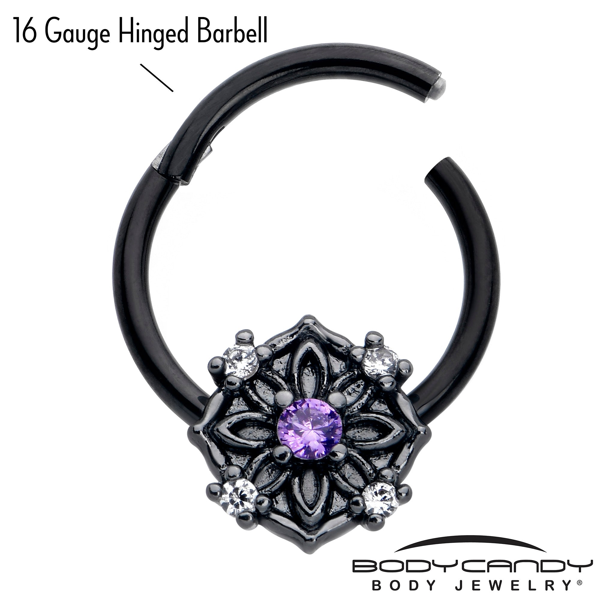 black flower design ring with purple crystal