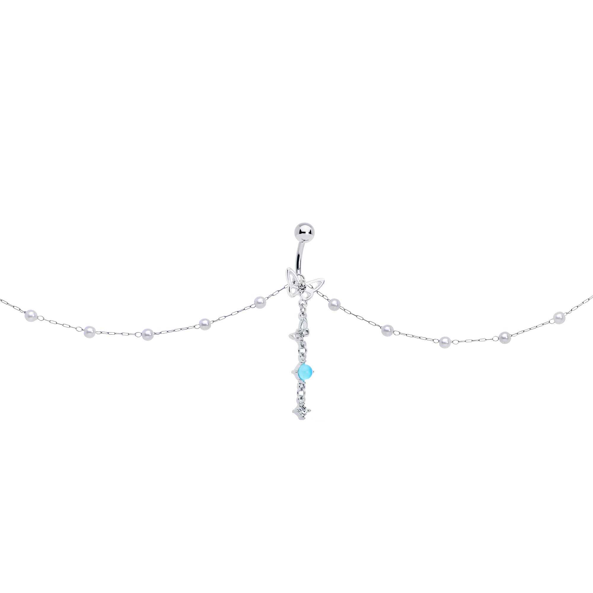 Clear CZ Gem Double Butterfly Faux Pearl Dangle Belly Chain Belly Ring