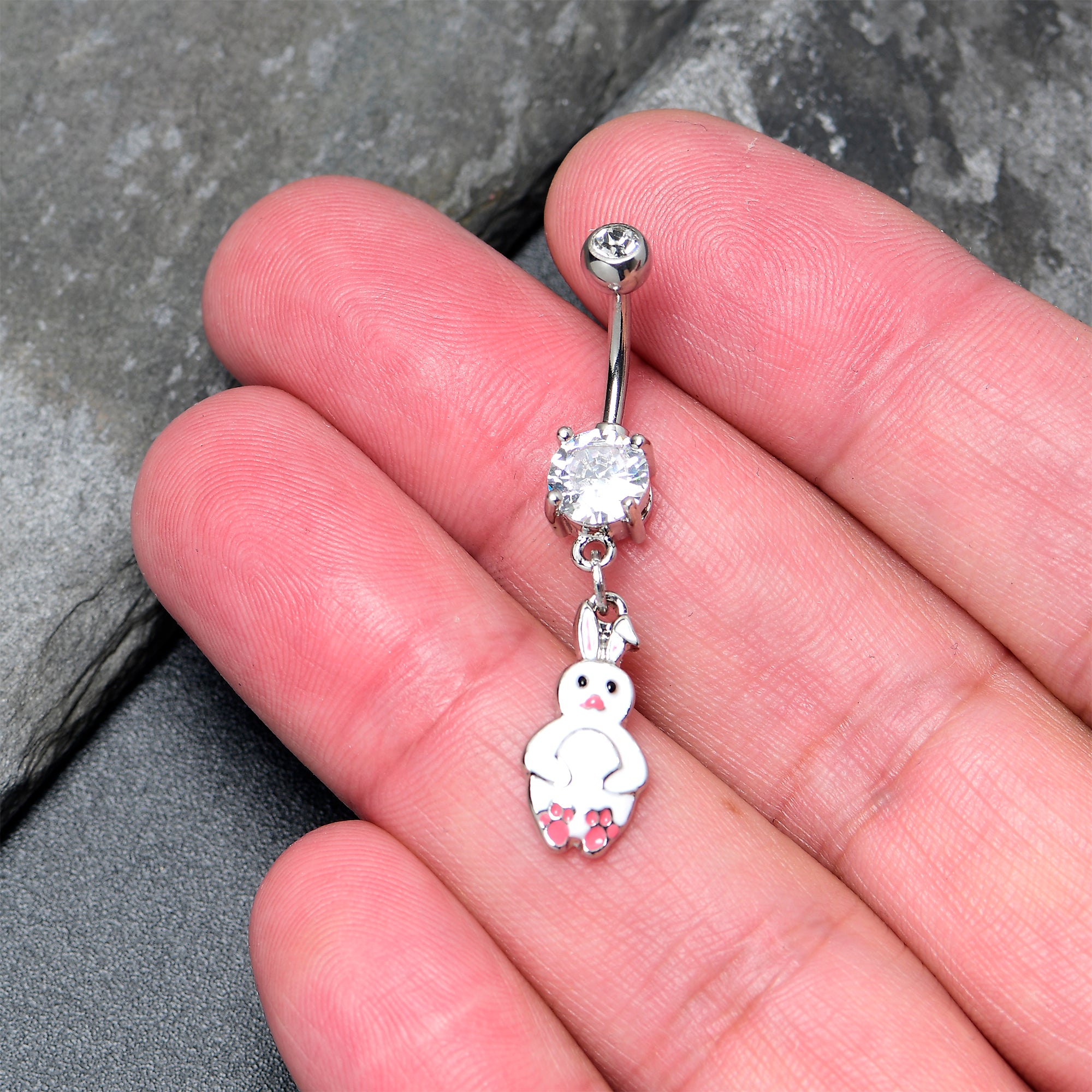 Clear Gem Bunny White Rabbit Dangle Belly Ring