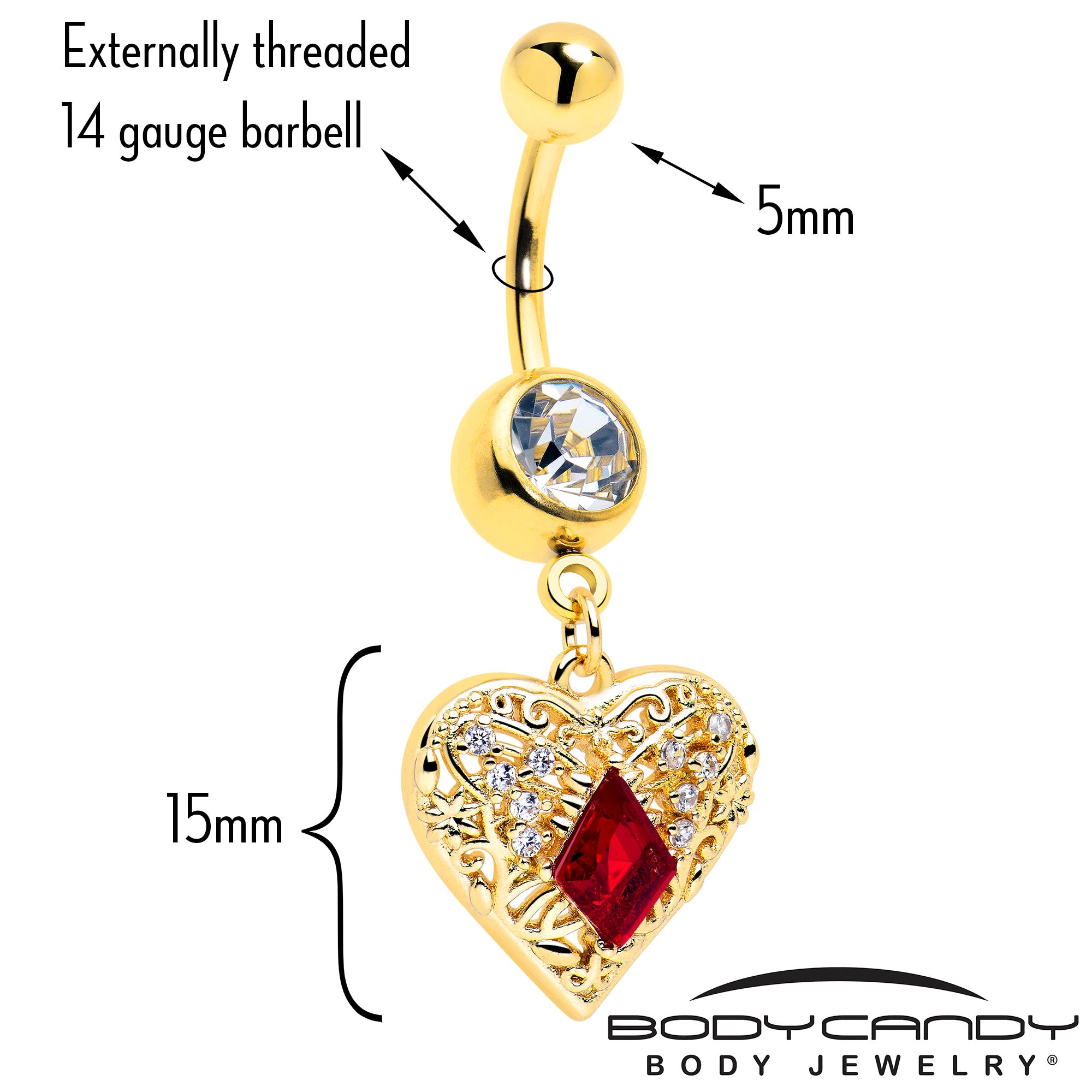 Heart Shaped Red CZ Gem Belly Ring Gold Tone