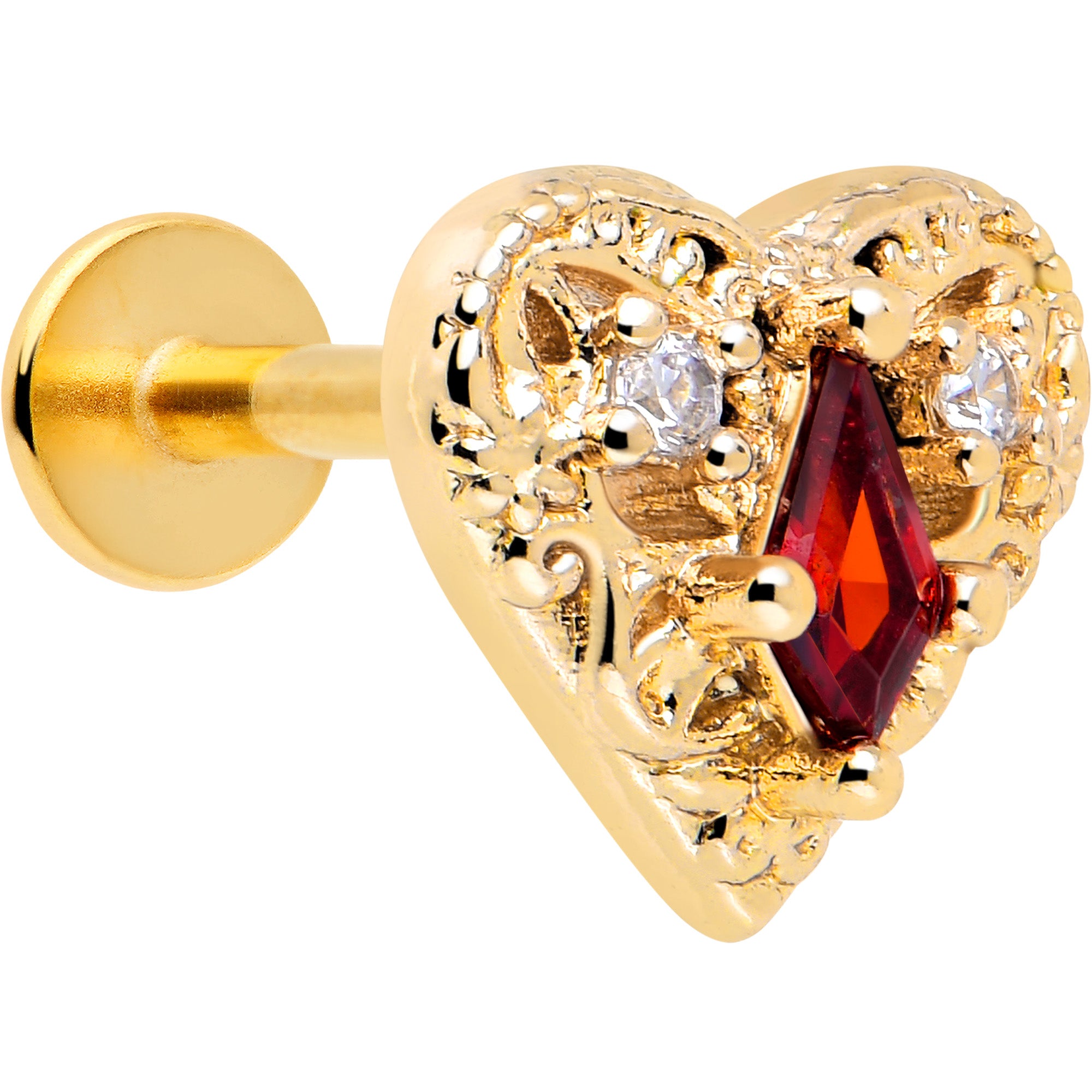 16 Gauge Red CZ Gem Gold Tone Heart Stud