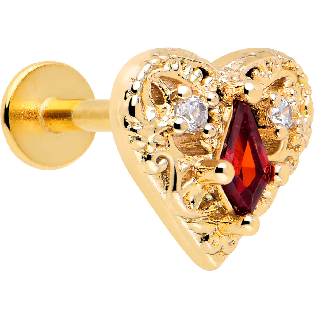 16 Gauge Red CZ Gem Gold Tone Heart Stud