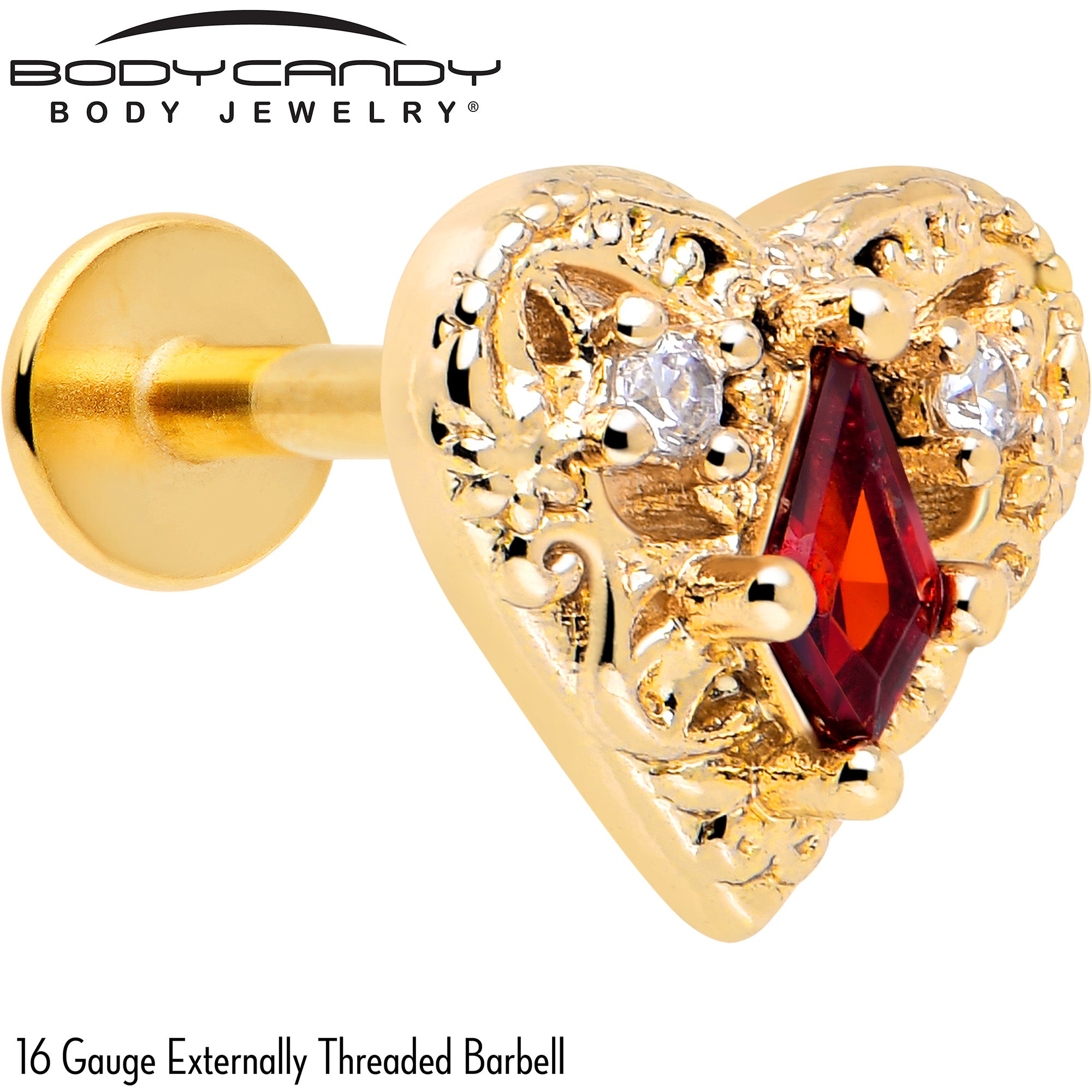 16 Gauge Gold Heart Flatback Stud with Red CZ Gem