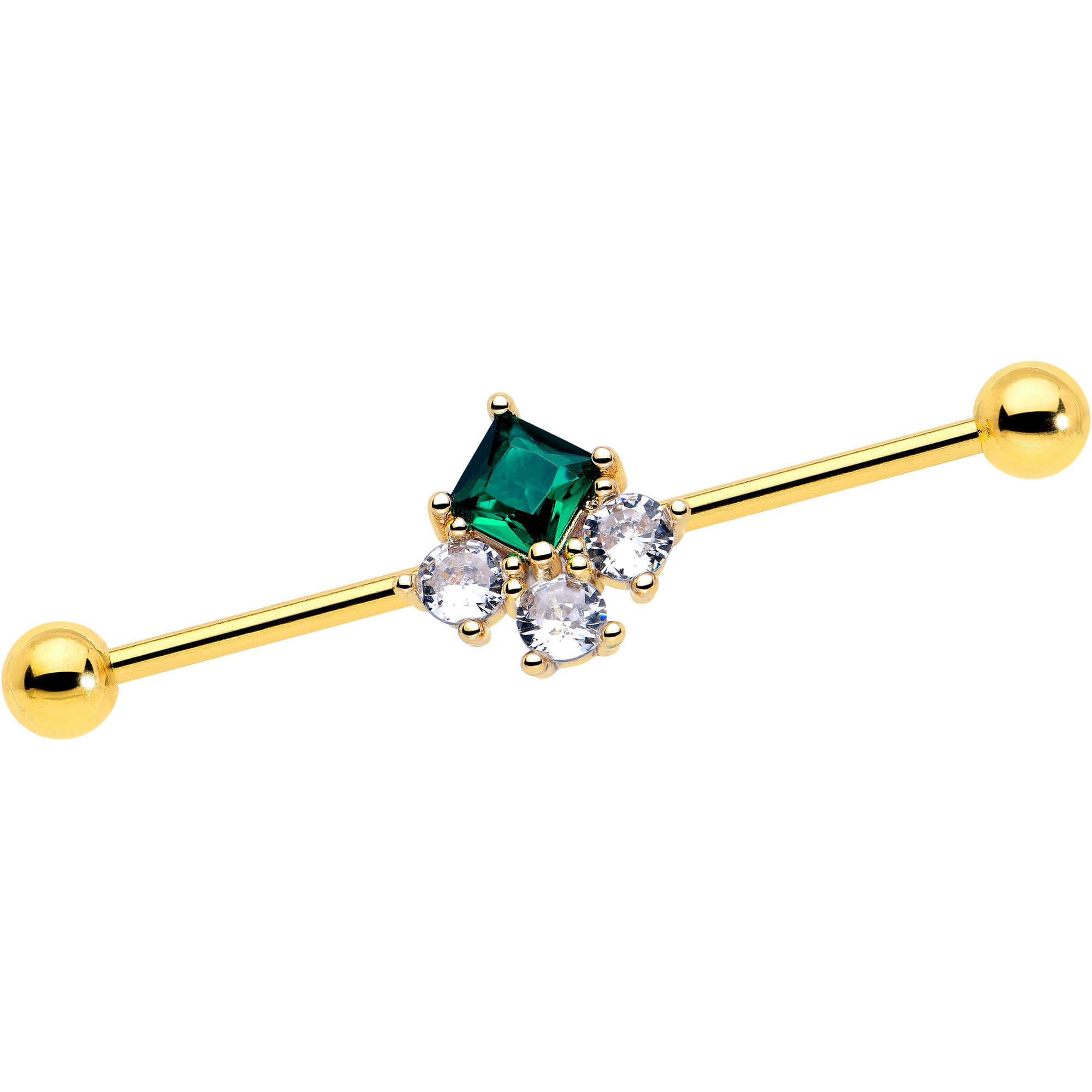 14 Gauge Green CZ Gem Gold Tone Industrial Barbell