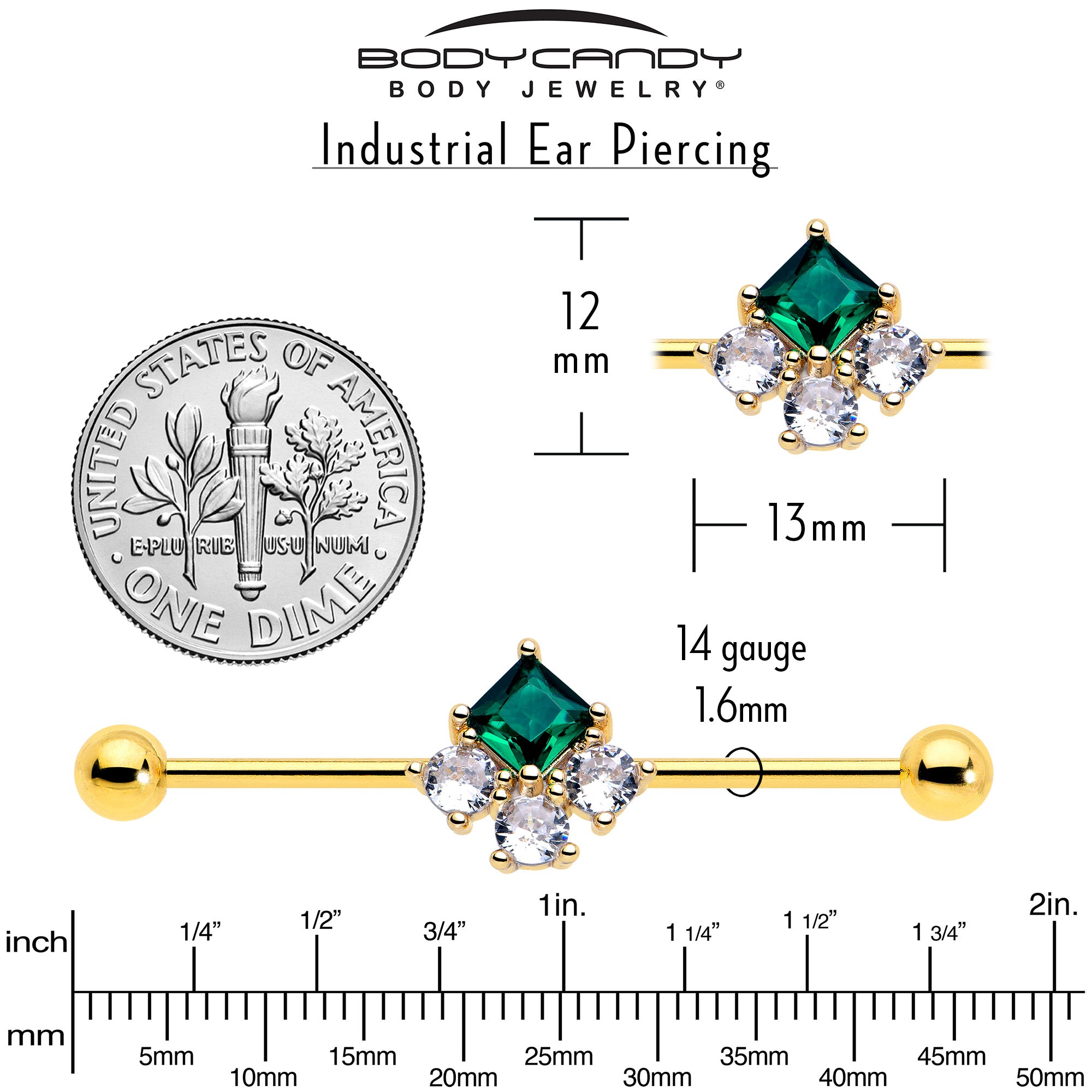 14 Gauge Gold Tone Rhombus Riot Industrial Barbell with Green CZ