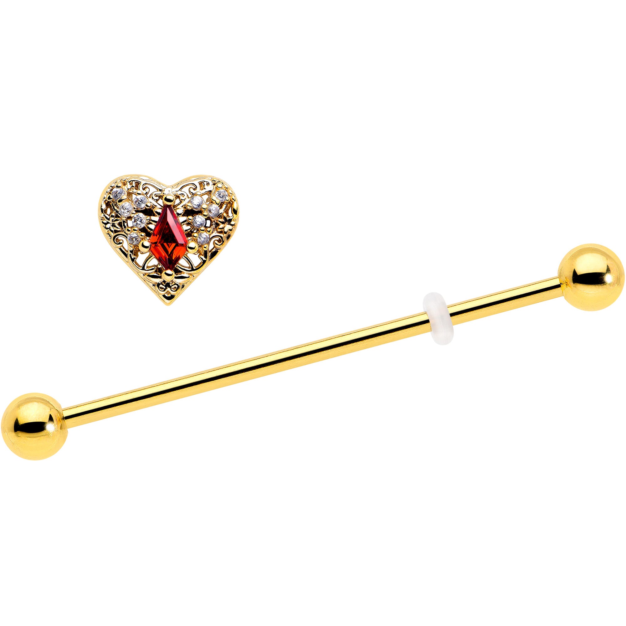 14 Gauge Gold Tone Heart Queen Industrial Barbell with Red CZ Gem