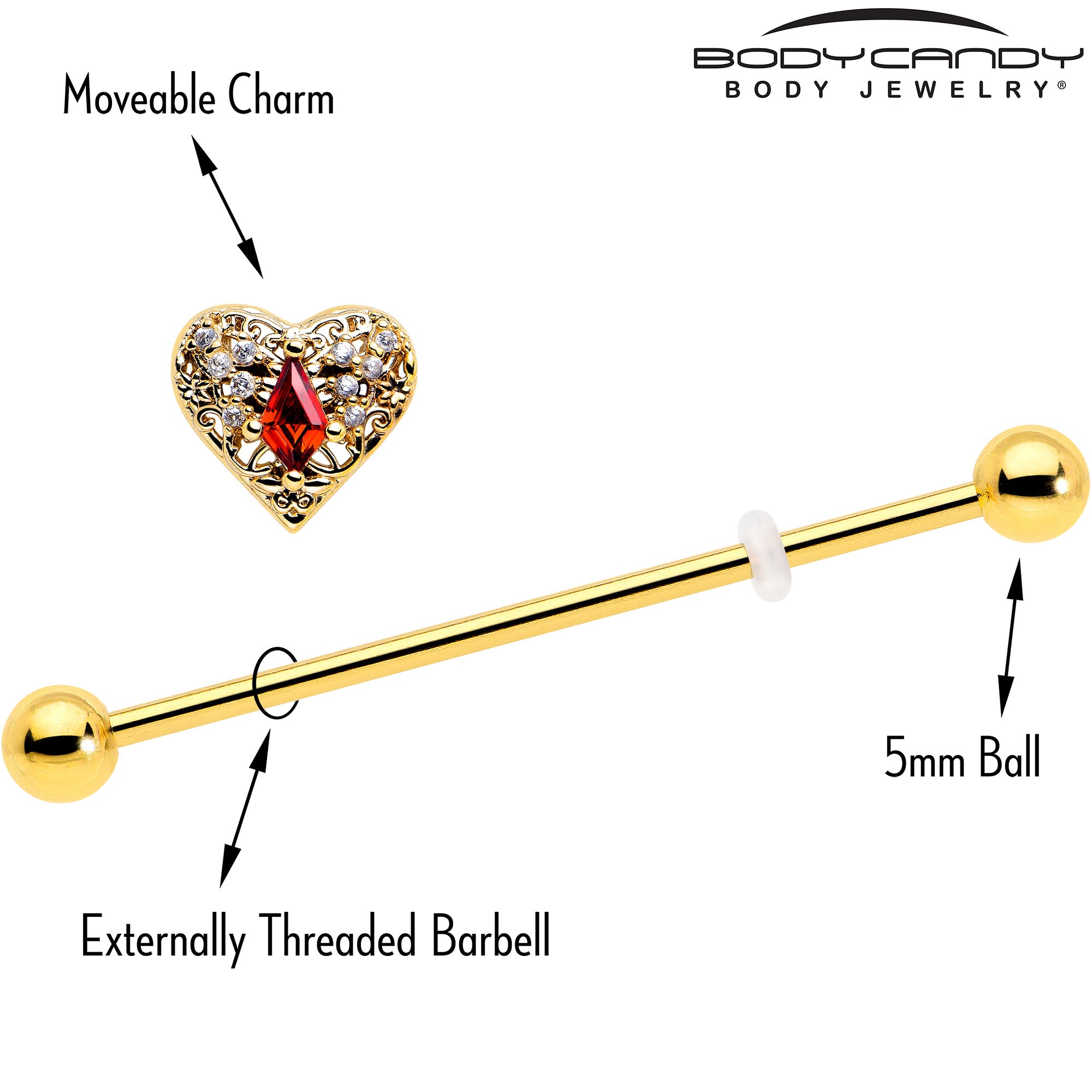 14 Gauge Gold Tone Heart Queen Industrial Barbell with Red CZ