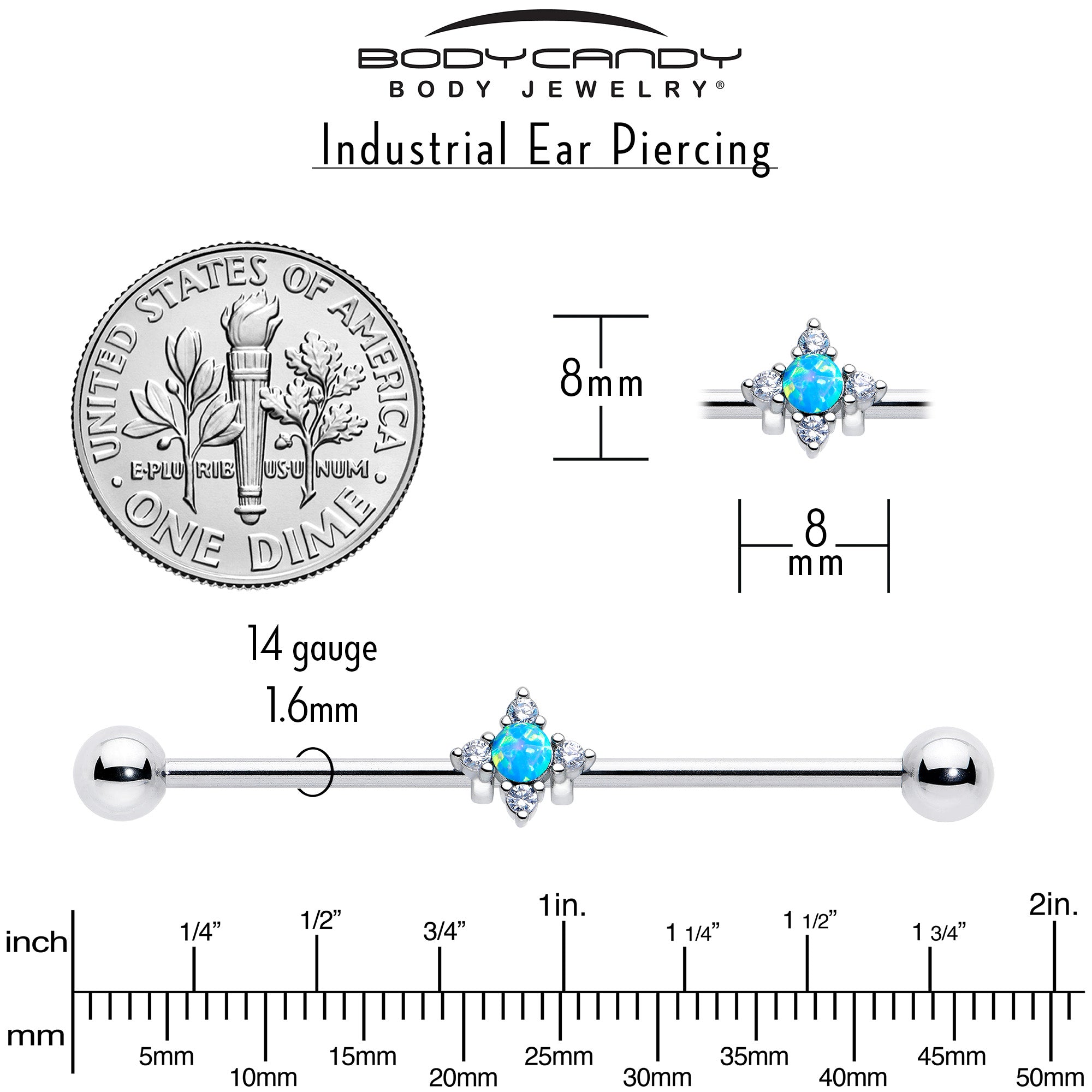 14 Gauge Industrial Barbell Blue Synthetic Opal Rhombus